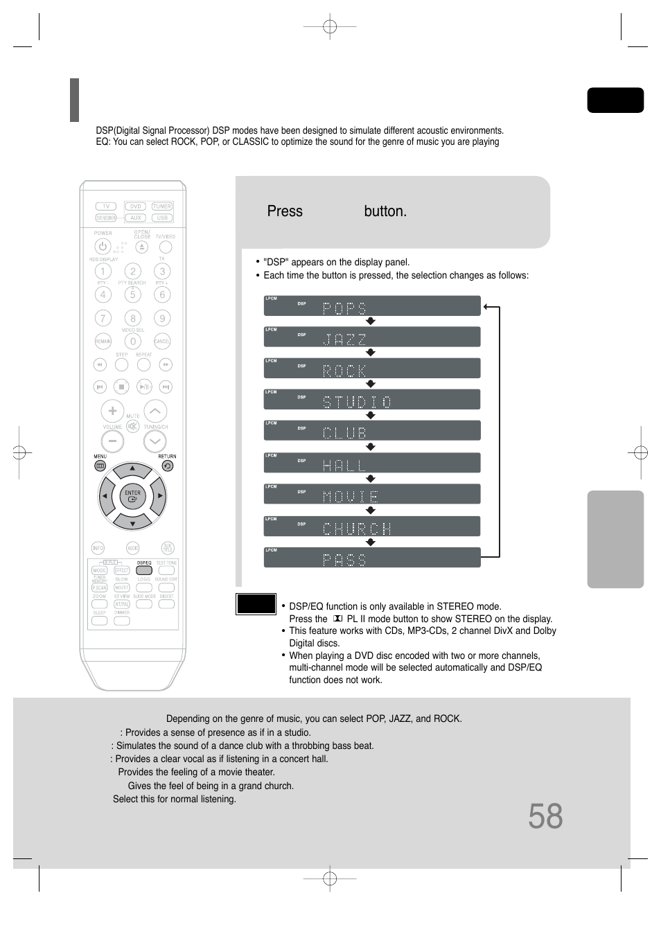 Sound field (dsp)/eq function, Press dsp/eq button | Samsung HT-TQ25 User Manual | Page 59 / 80