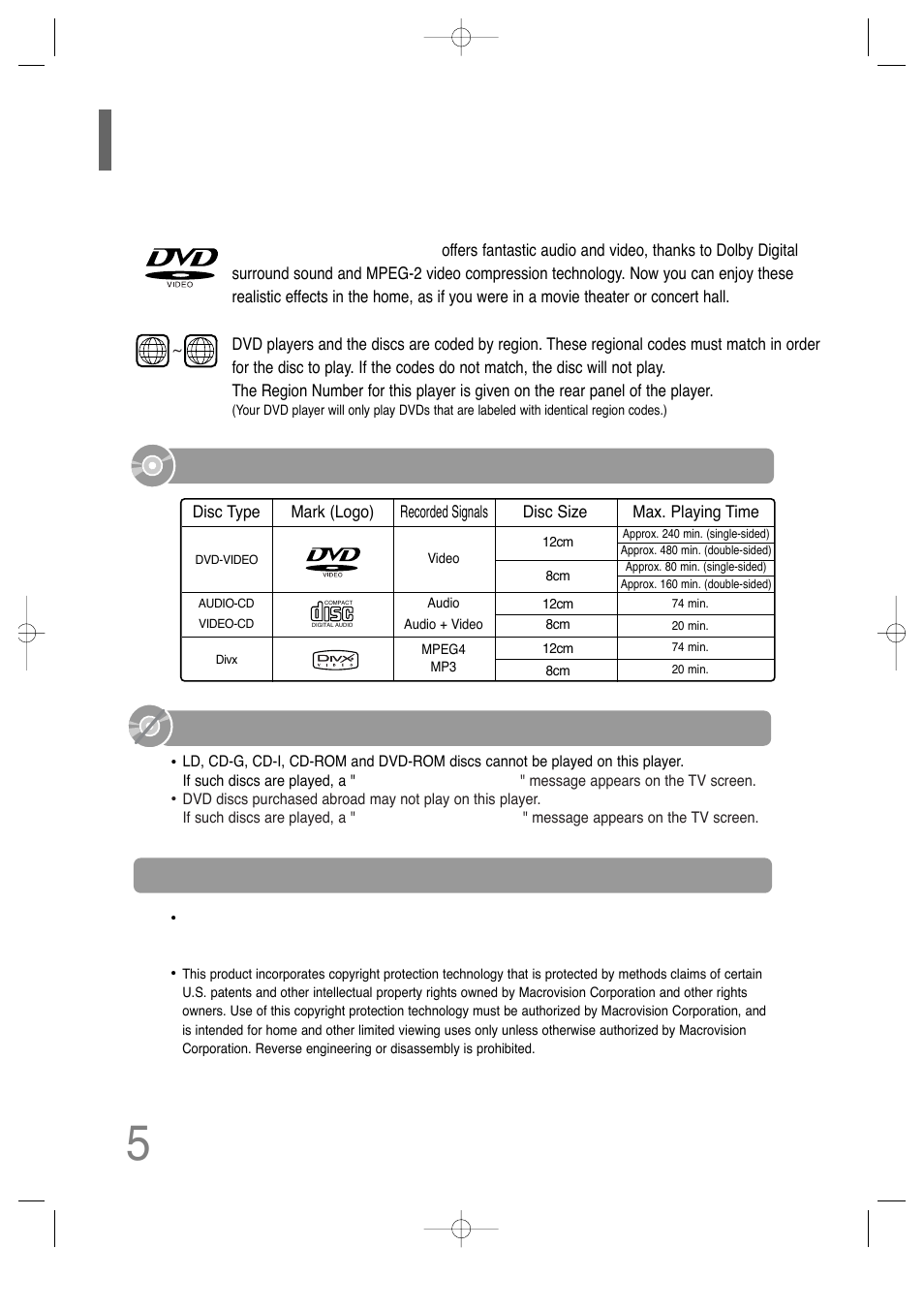 Do not use the following types of disc, Playable discs, Copy protection | Samsung HT-TQ25 User Manual | Page 6 / 80