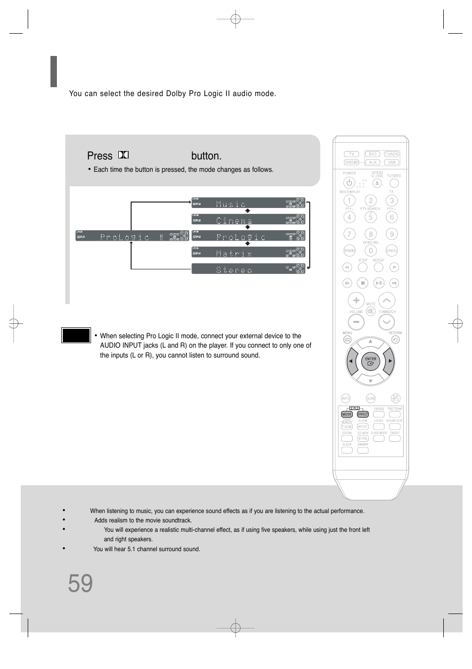 Dolby pro logic ii mode, Press pl ii mode button | Samsung HT-TQ25 User Manual | Page 60 / 80