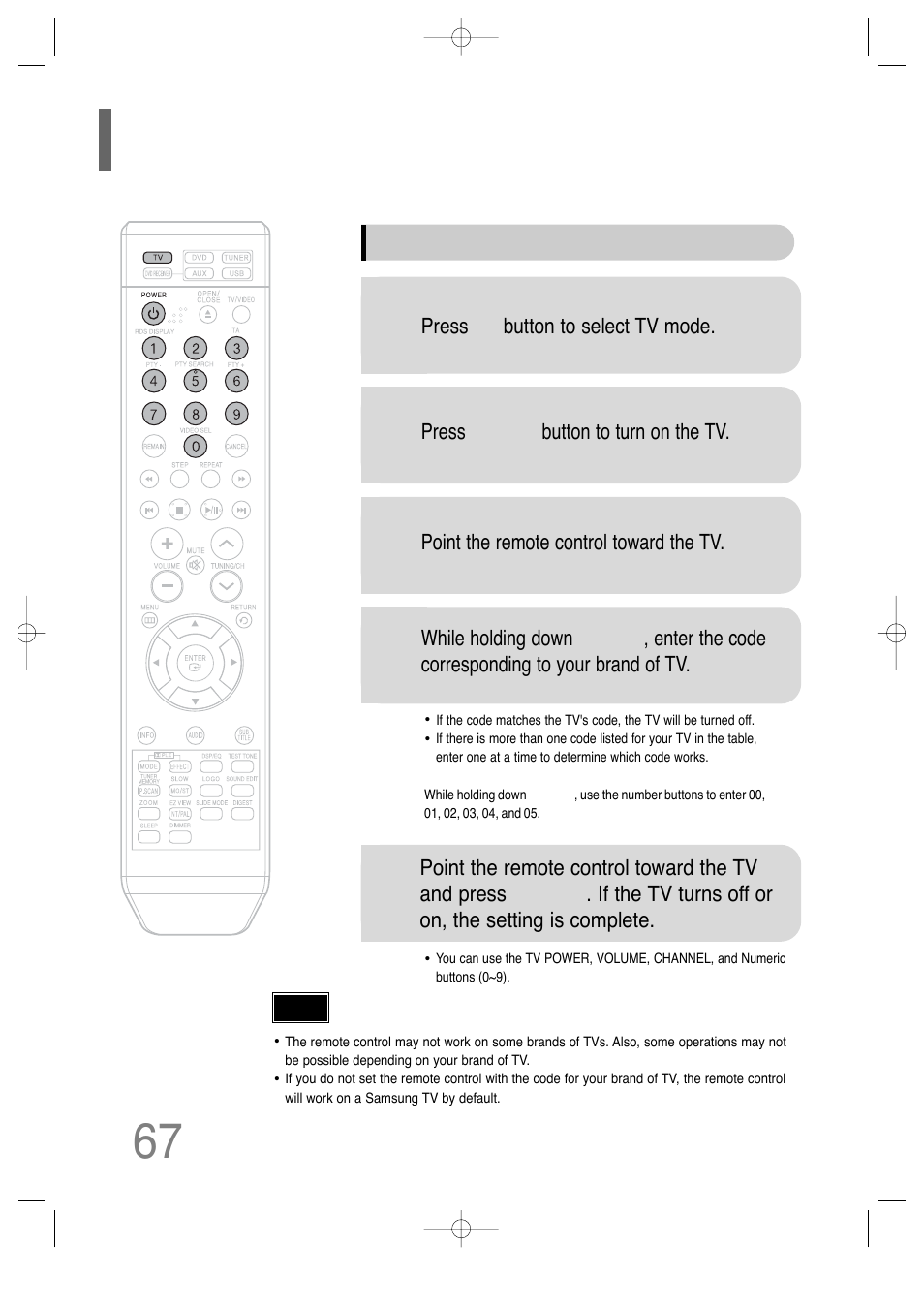 Operating a tv with the remote control | Samsung HT-TQ25 User Manual | Page 68 / 80