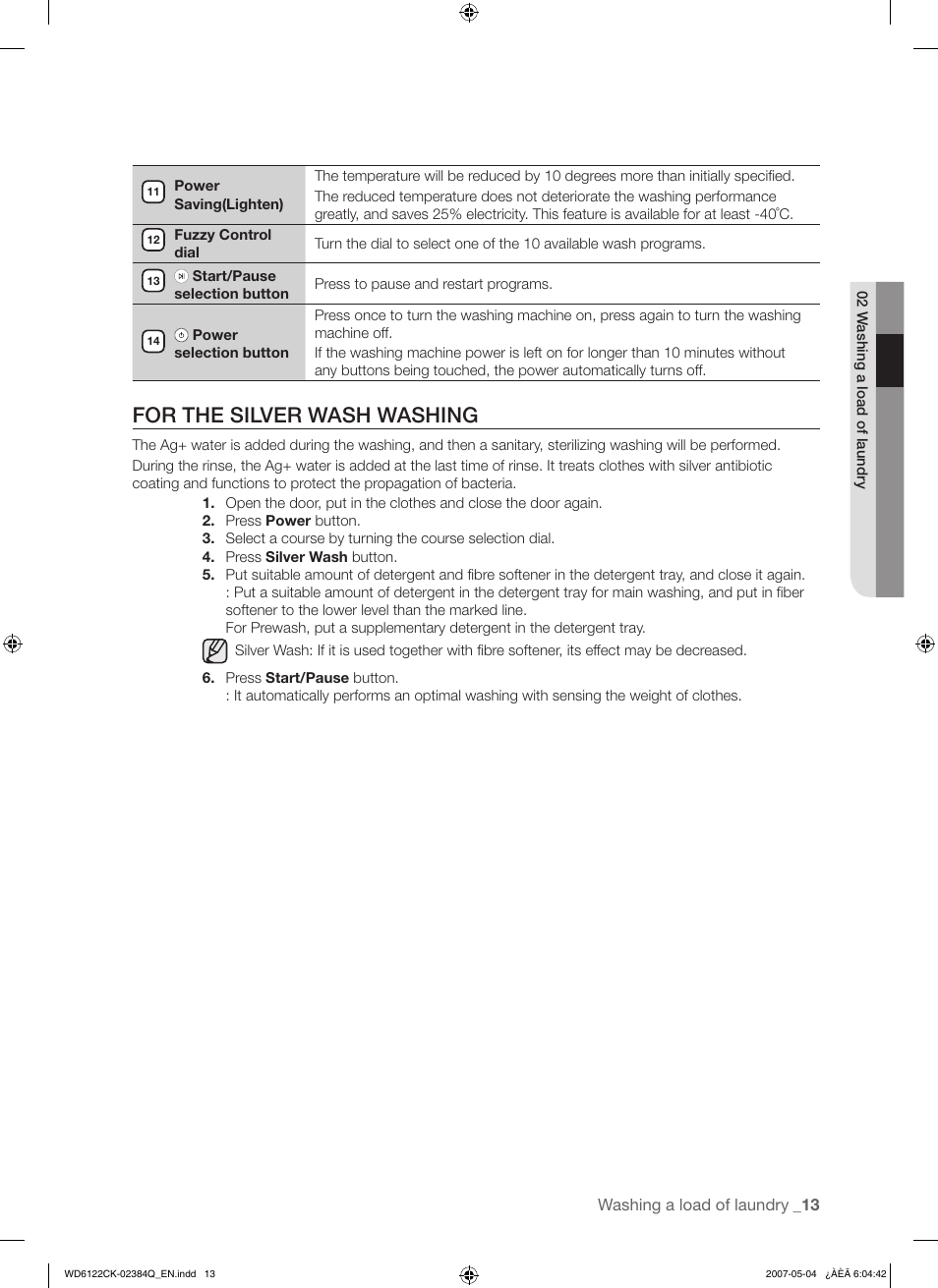 For the silver wash washing | Samsung WD6122CKS User Manual | Page 13 / 28
