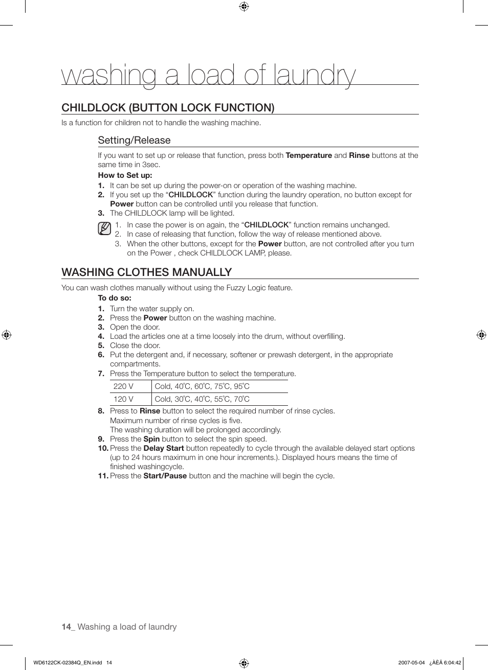 Washing a load of laundry, Childlock (button lock function), Washing clothes manually | Samsung WD6122CKS User Manual | Page 14 / 28