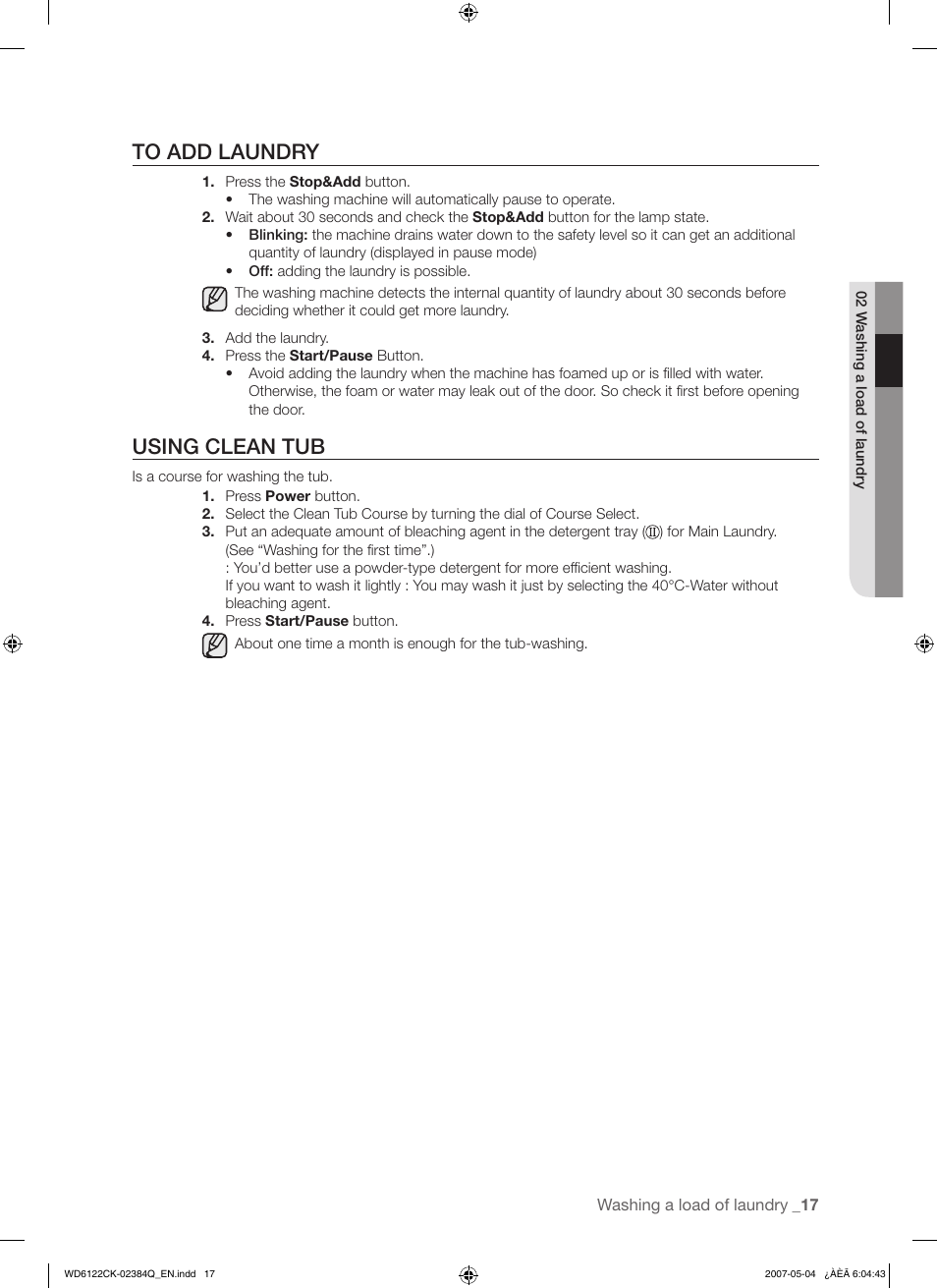 Using clean tub | Samsung WD6122CKS User Manual | Page 17 / 28