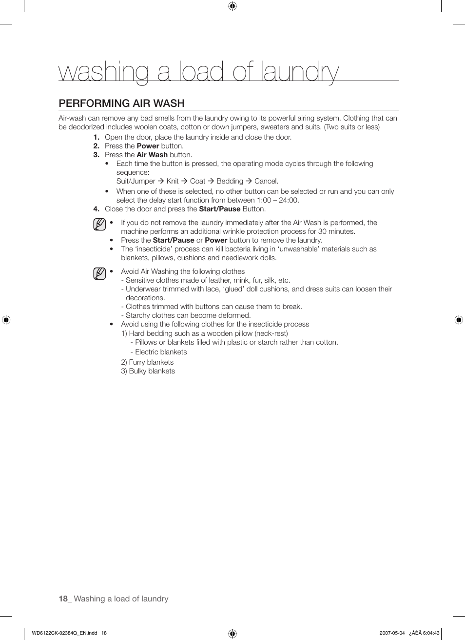 Washing a load of laundry, Performing air wash | Samsung WD6122CKS User Manual | Page 18 / 28