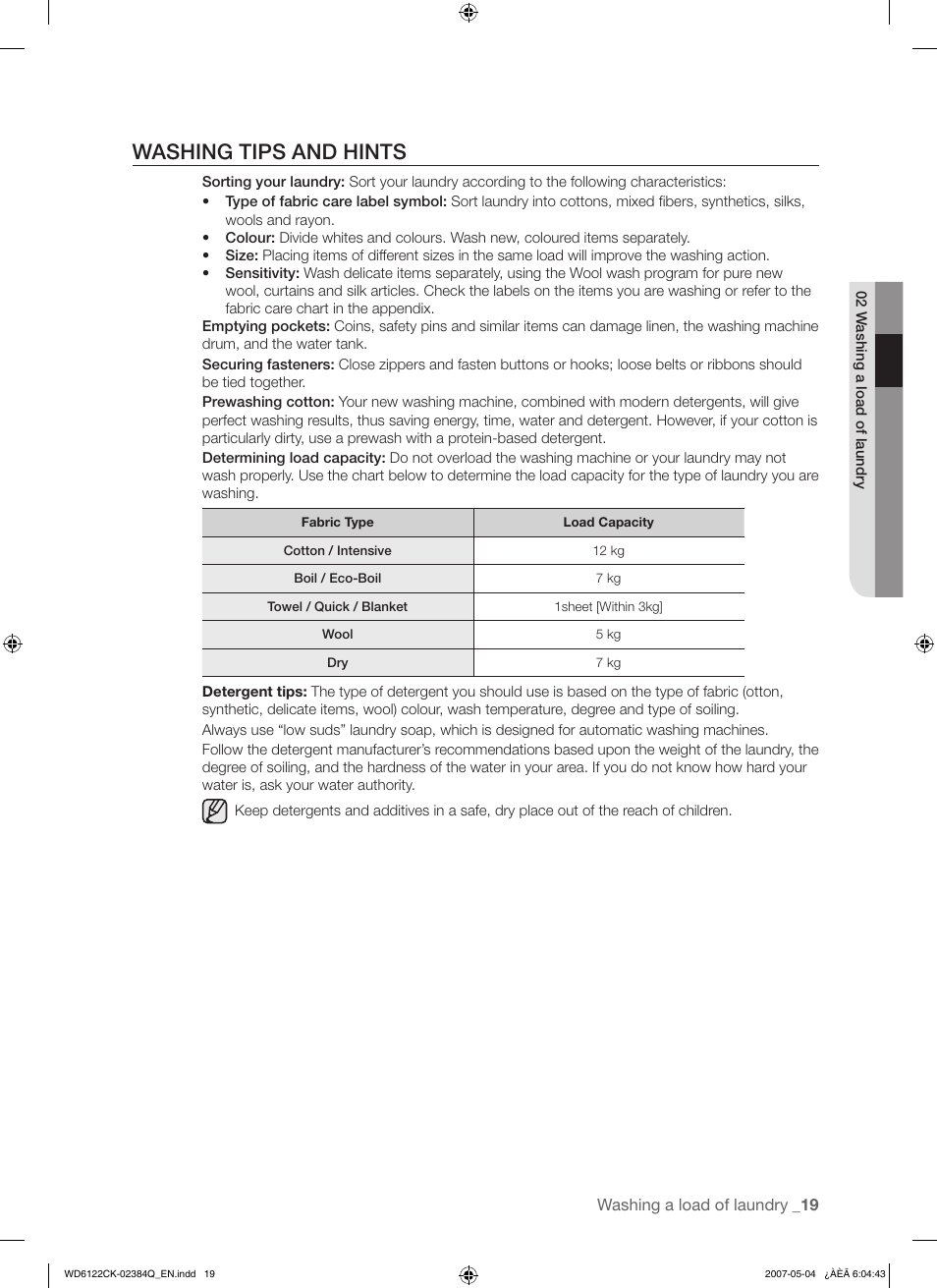 Washing tips and hints | Samsung WD6122CKS User Manual | Page 19 / 28