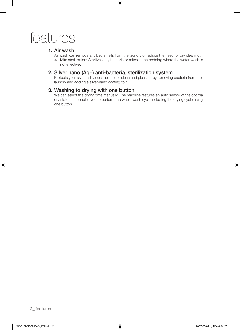 Features | Samsung WD6122CKS User Manual | Page 2 / 28