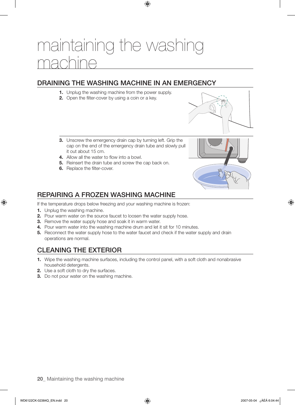Maintaining the washing, Maintaining the washing machine | Samsung WD6122CKS User Manual | Page 20 / 28