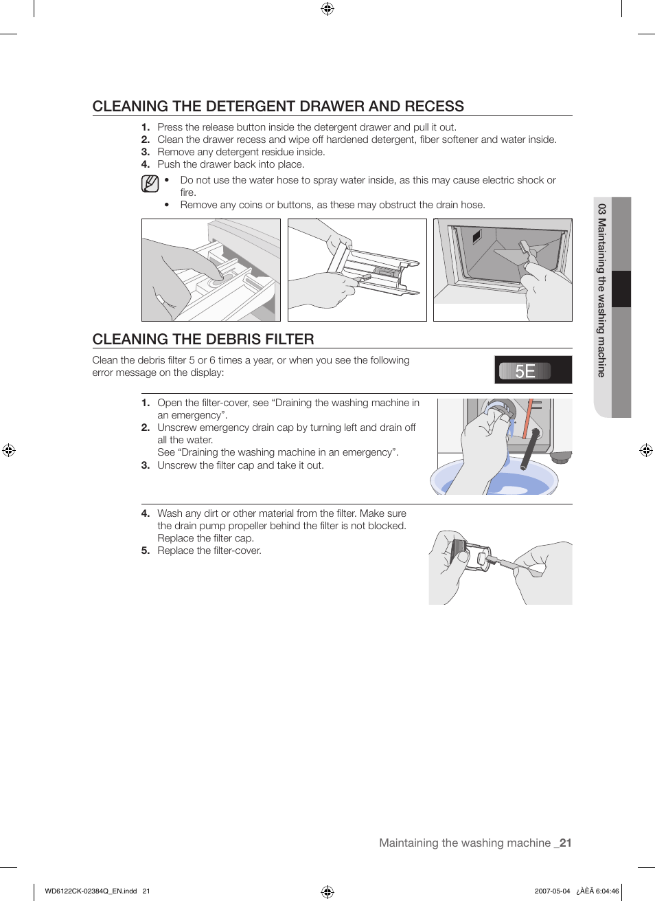 Cleaning the detergent drawer and recess, Cleaning the debris filter | Samsung WD6122CKS User Manual | Page 21 / 28