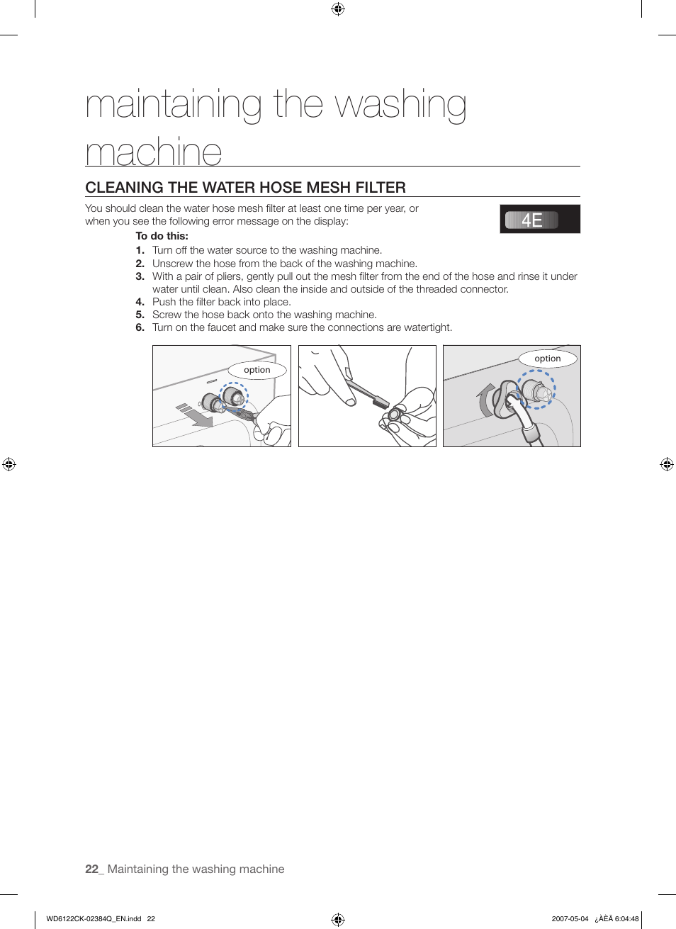 Maintaining the washing machine | Samsung WD6122CKS User Manual | Page 22 / 28
