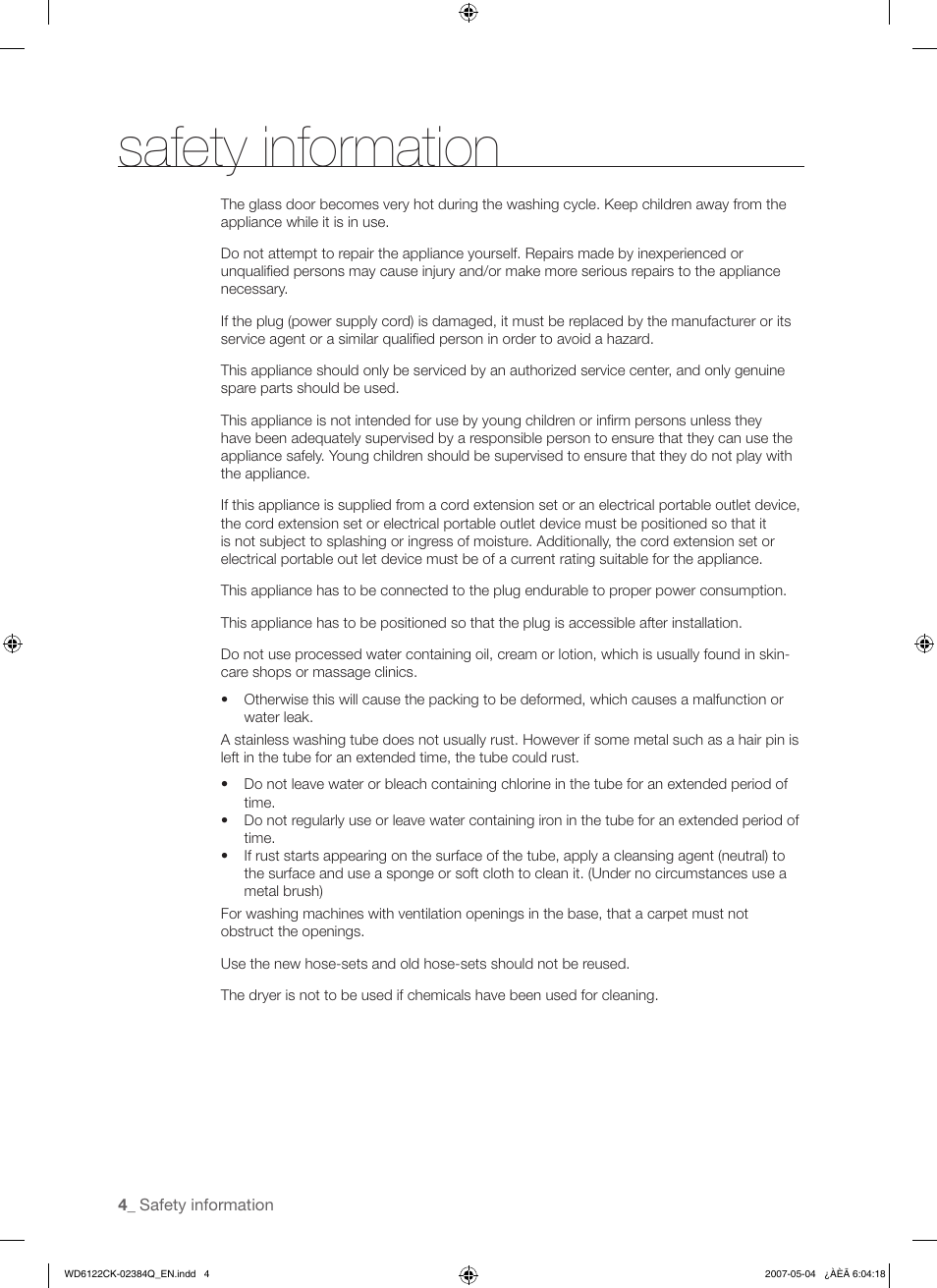 Safety information | Samsung WD6122CKS User Manual | Page 4 / 28