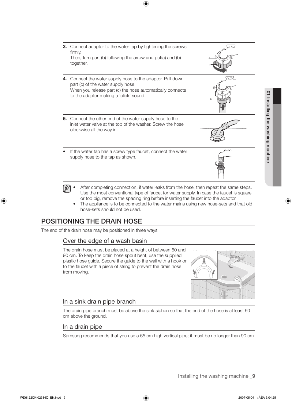 Positioning the drain hose, Over the edge of a wash basin, Ln a sink drain pipe branch | Ln a drain pipe | Samsung WD6122CKS User Manual | Page 9 / 28
