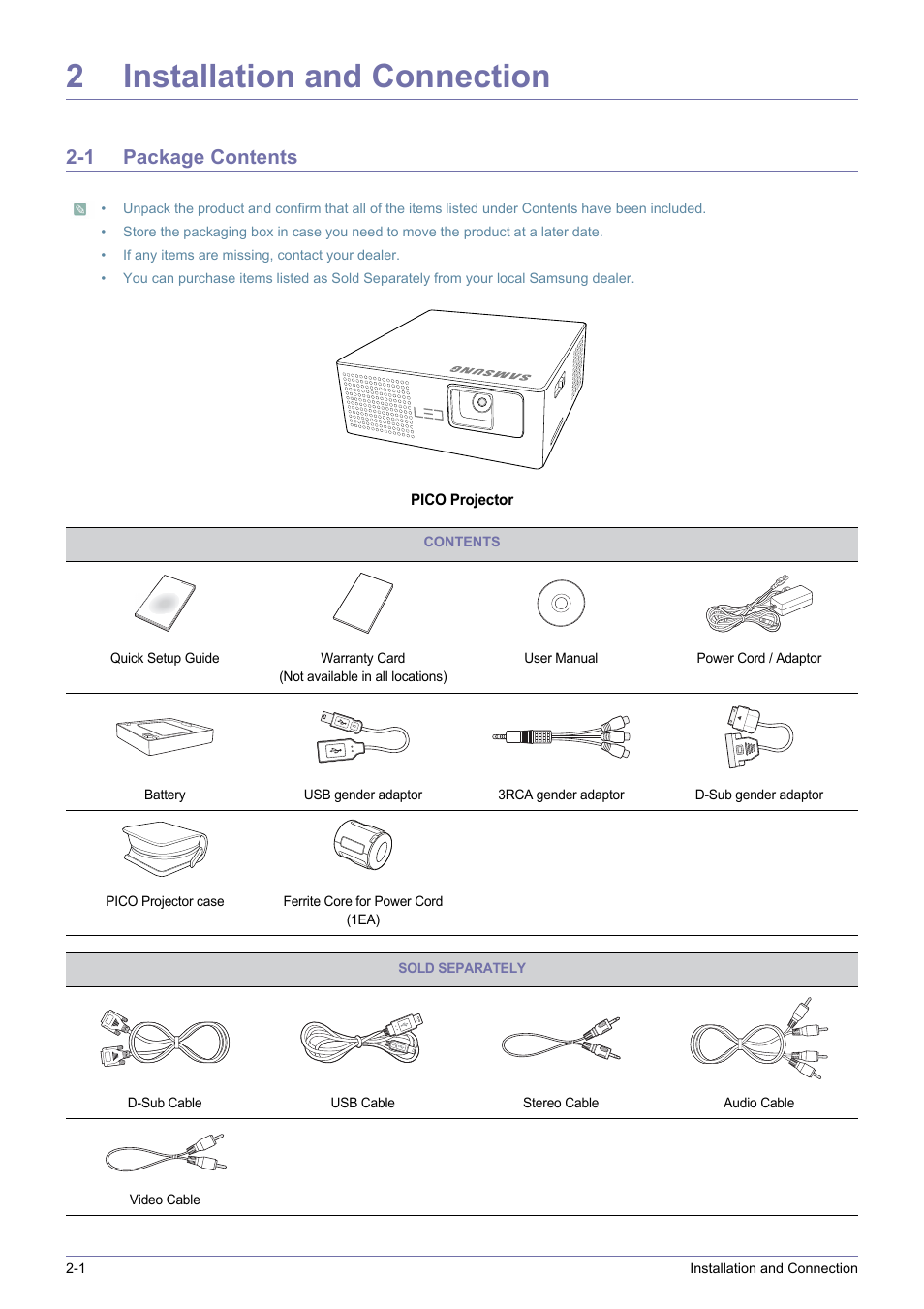 2 installation and connection, 1 package contents, 2installation and connection | Samsung SP-H03 User Manual | Page 10 / 56