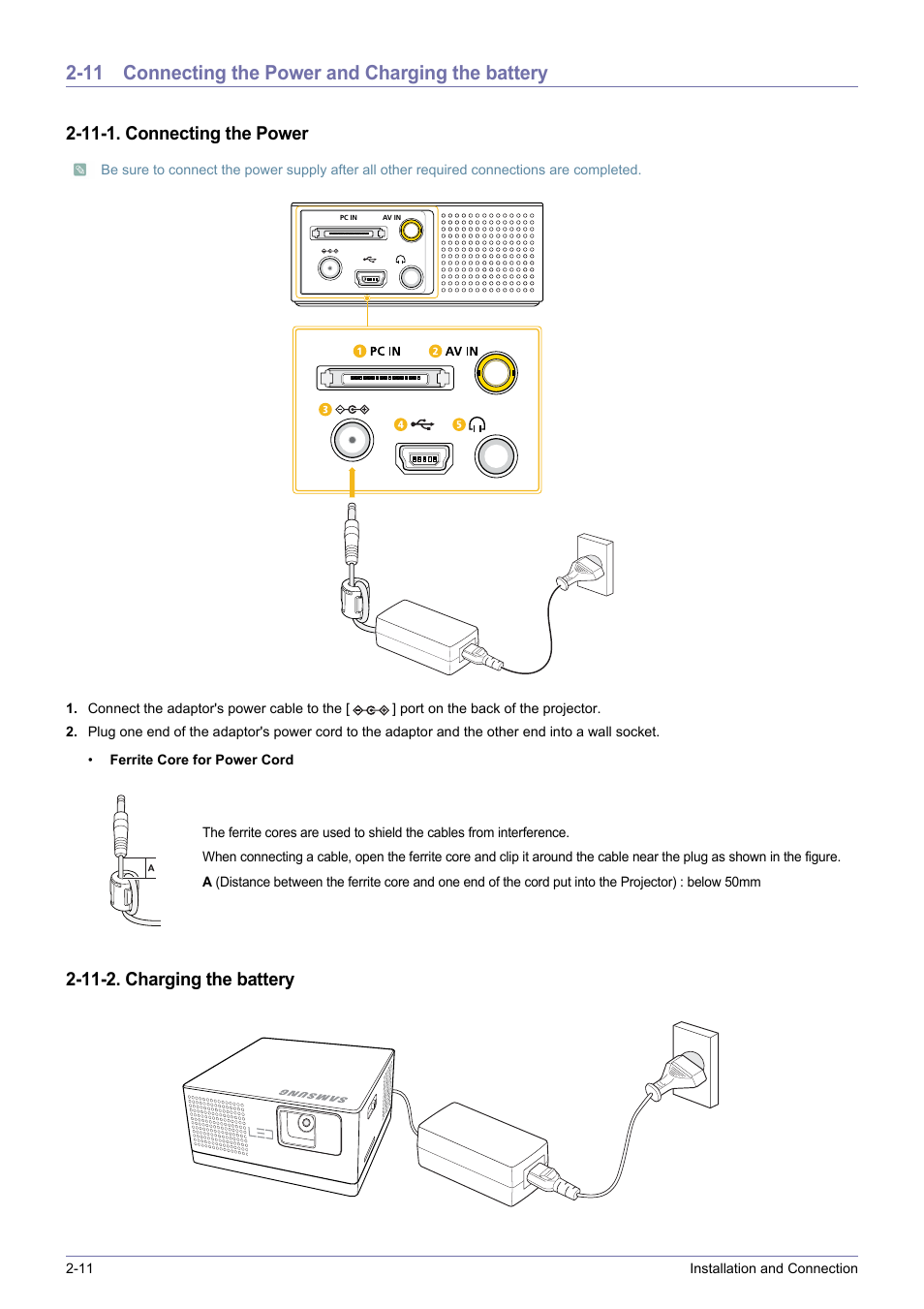 11 connecting the power and charging the battery, 11-1. connecting the power, 11-2. charging the battery | Samsung SP-H03 User Manual | Page 22 / 56