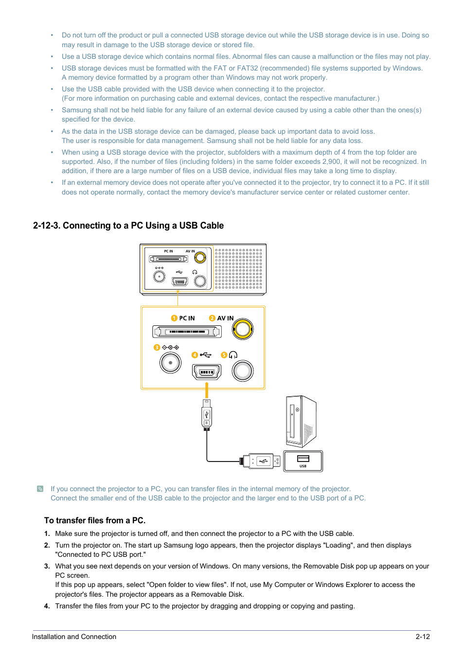 12-3. connecting to a pc using a usb cable | Samsung SP-H03 User Manual | Page 25 / 56