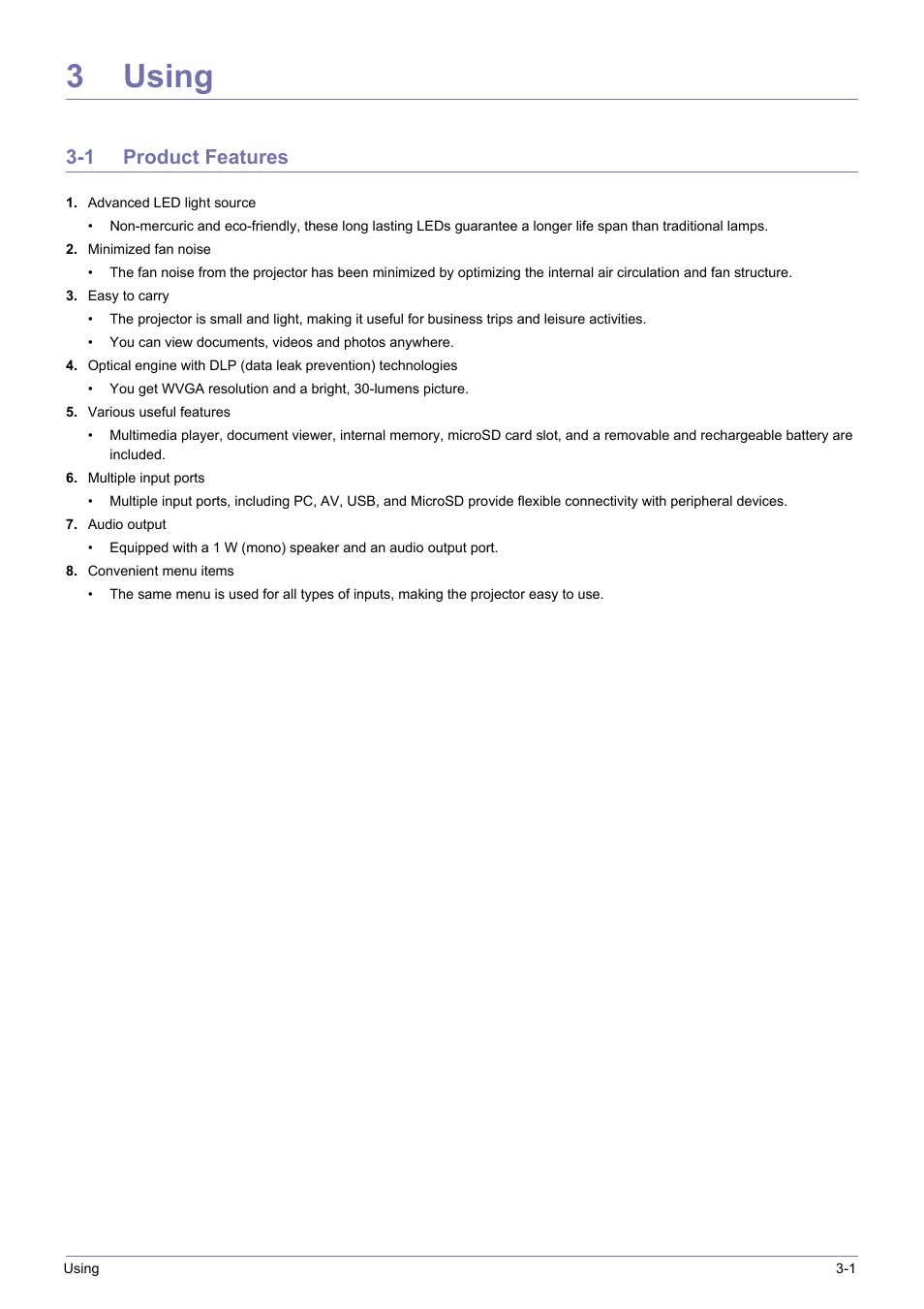 3 using, 1 product features, 3using | Samsung SP-H03 User Manual | Page 27 / 56