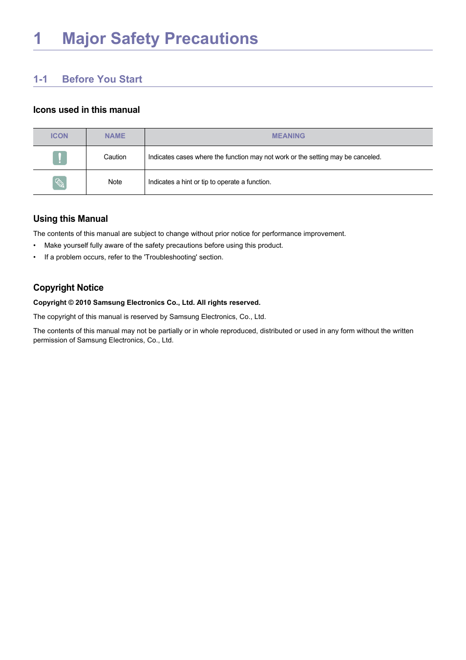 1 major safety precautions, 1 before you start, 1major safety precautions | Samsung SP-H03 User Manual | Page 3 / 56