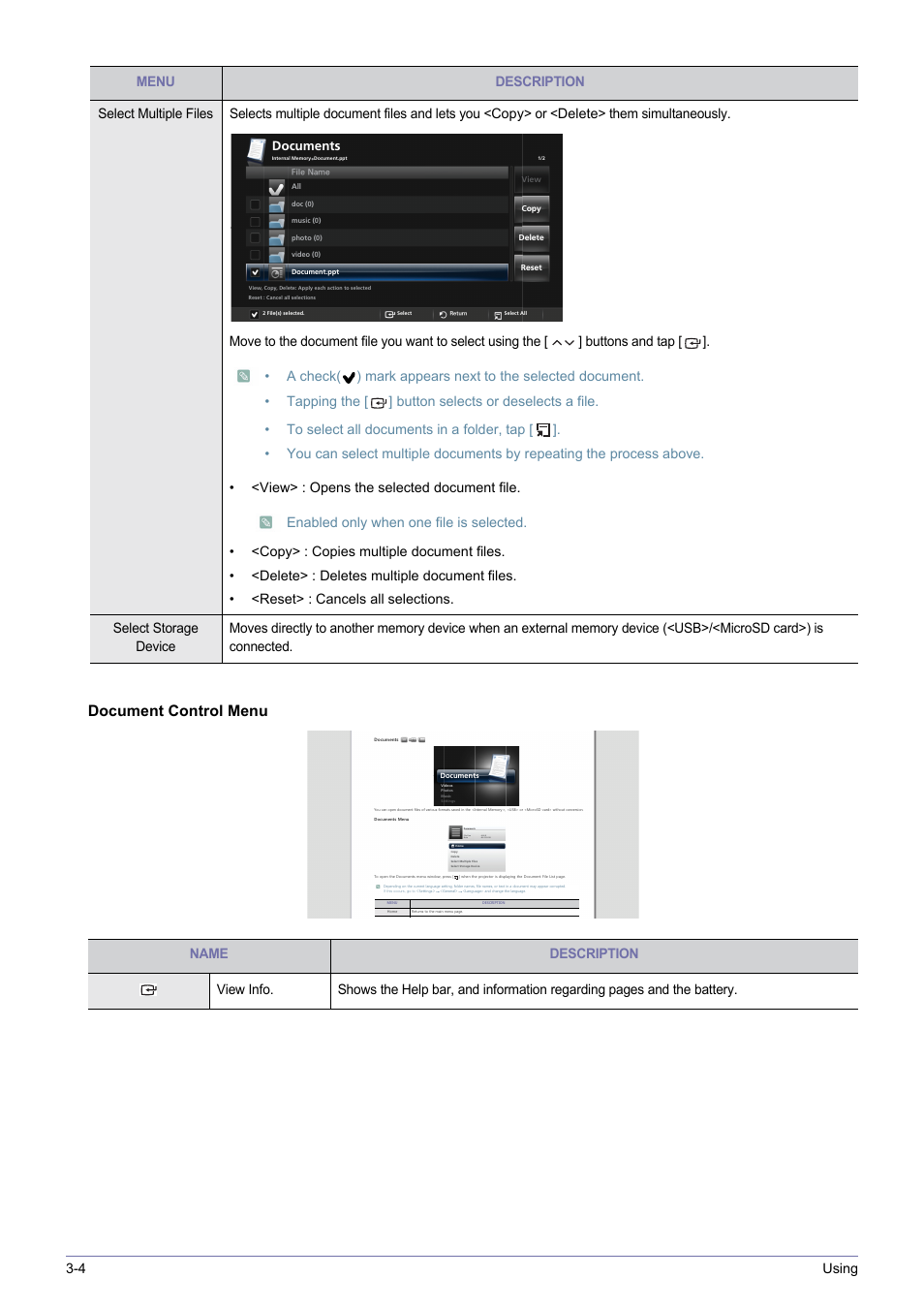 Document control menu, 4 using, View> : opens the selected document file | Enabled only when one file is selected, Documents | Samsung SP-H03 User Manual | Page 34 / 56