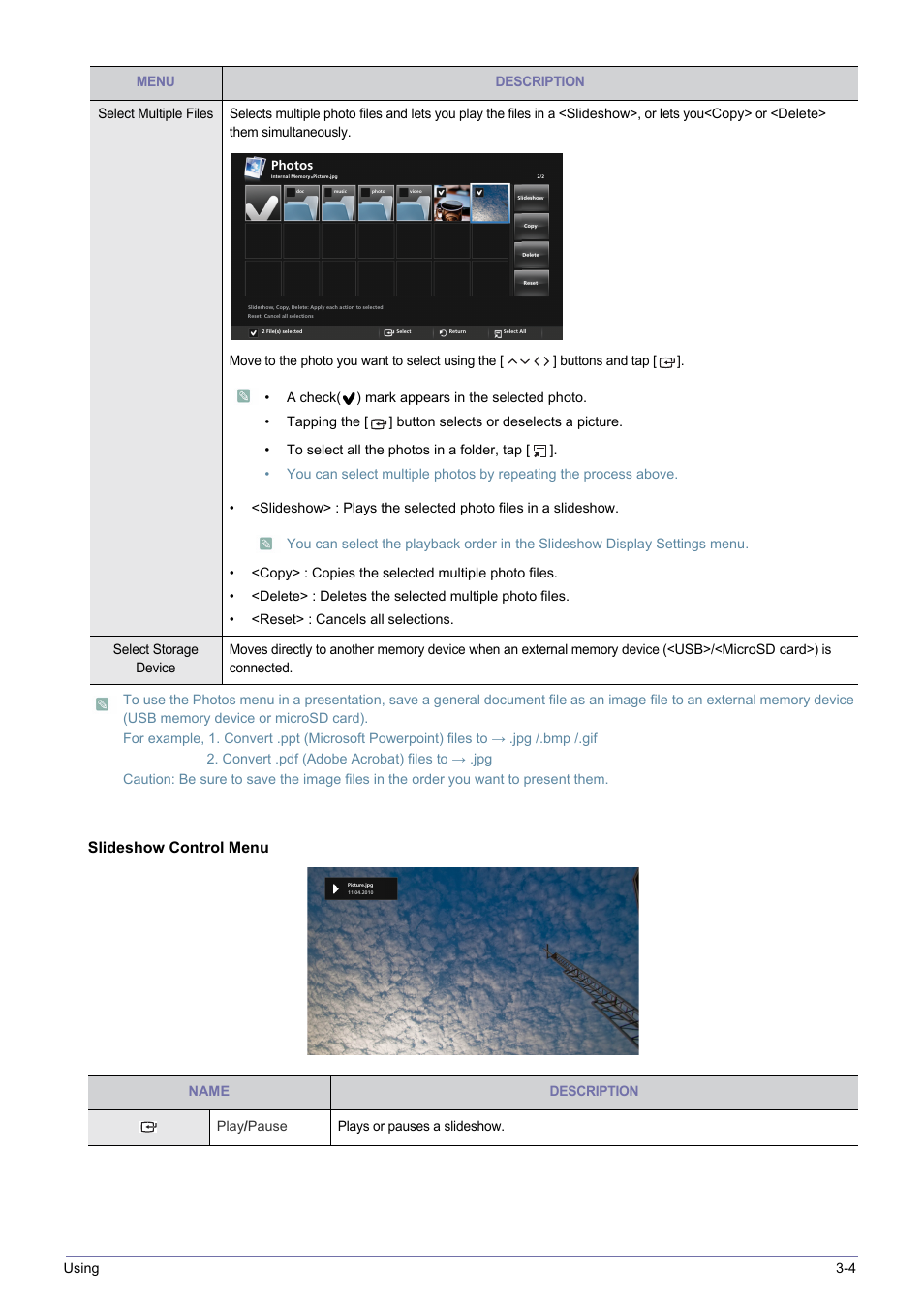 Slideshow control menu, Using 3-4 | Samsung SP-H03 User Manual | Page 41 / 56