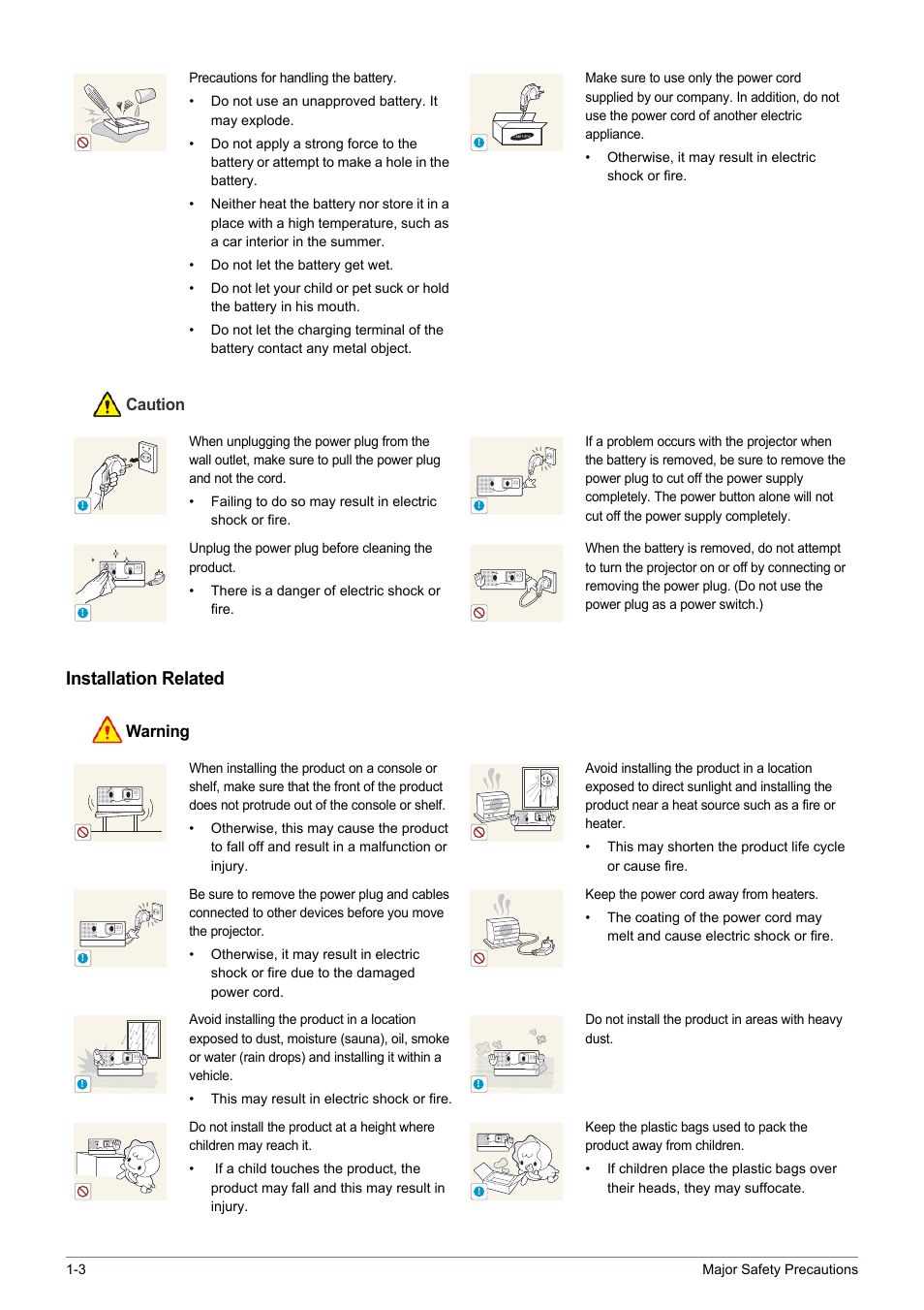 Installation related, Caution, Warning | Samsung SP-H03 User Manual | Page 6 / 56