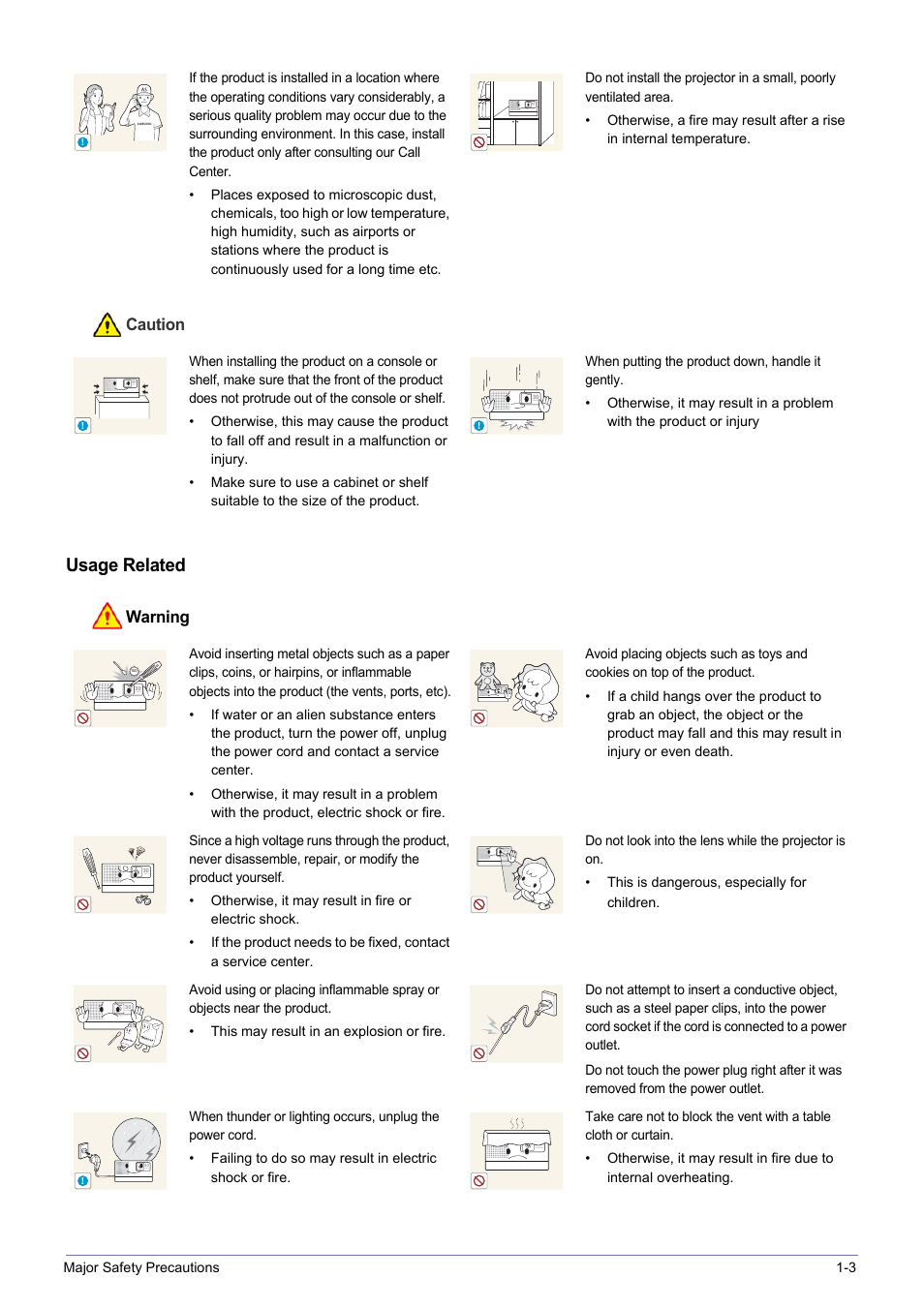 Usage related, Caution, Warning | Samsung SP-H03 User Manual | Page 7 / 56