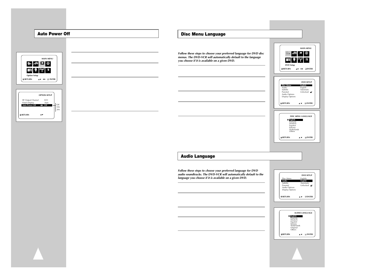 Auto power off, Disc menu language, Audio language | Samsung CHT-420 User Manual | Page 12 / 32