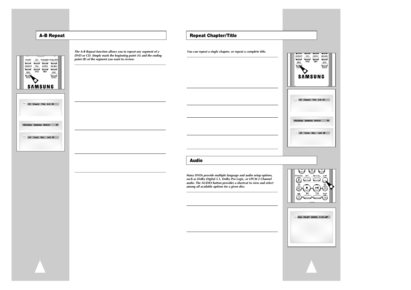 Repeat chapter/title audio, A-b repeat | Samsung CHT-420 User Manual | Page 19 / 32