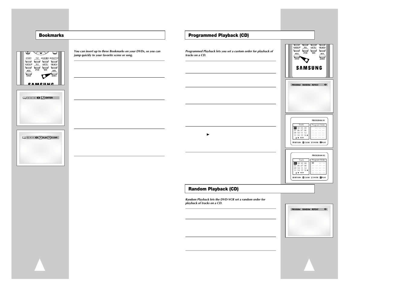 Programmed playback (cd), Random playback (cd), Bookmarks | Samsung CHT-420 User Manual | Page 20 / 32
