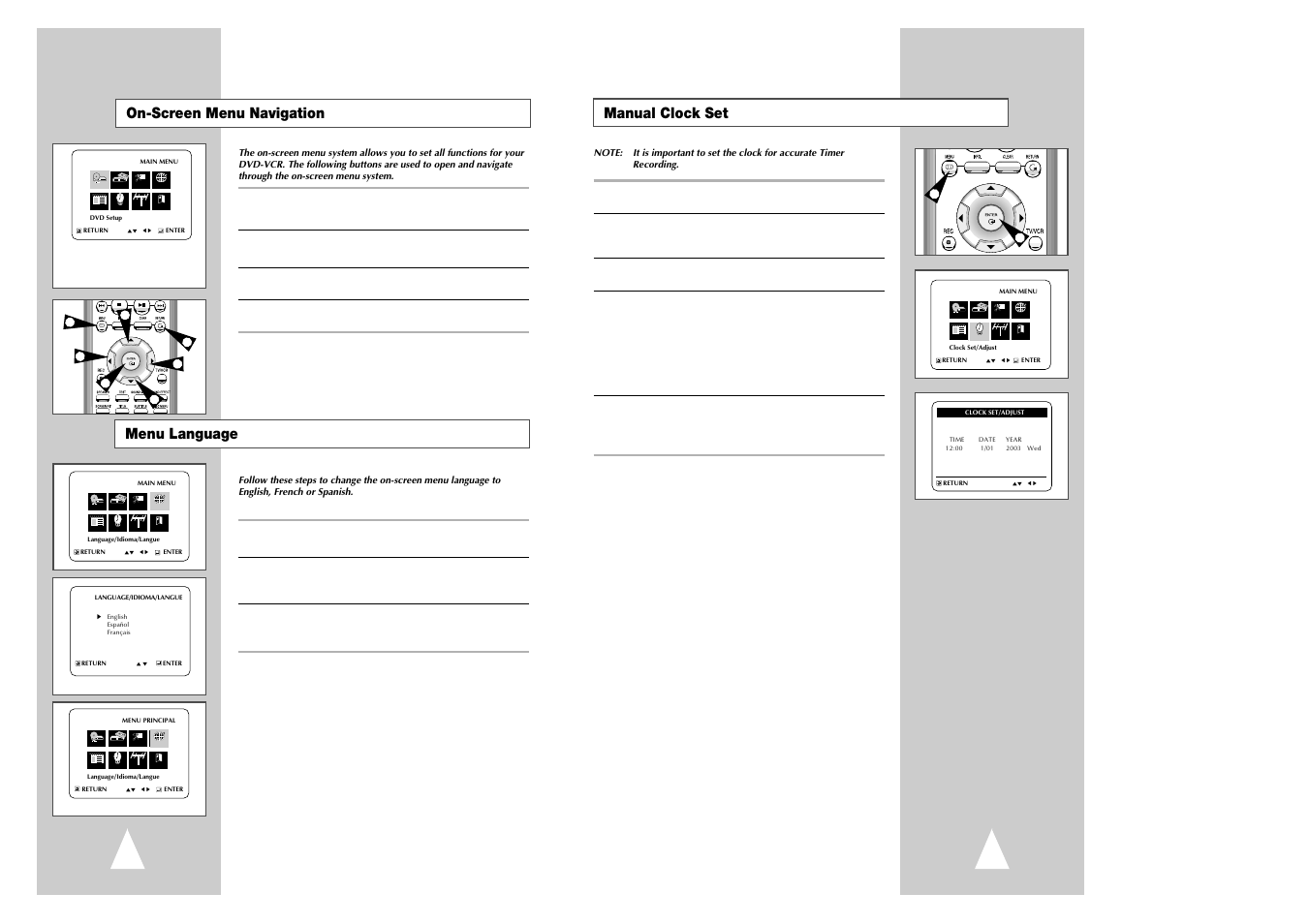 Manual clock set, Menu language, On-screen menu navigation | Samsung CHT-420 User Manual | Page 9 / 32