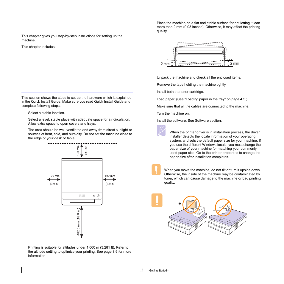 Getting started, Setting up the hardware | Samsung ML-1630W Series User Manual | Page 22 / 100