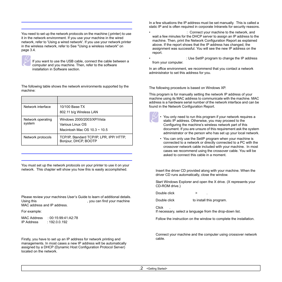 Setting up the network, Supported network environments, Using a wired network | Printing configuration report, Setting ip address, Printing configuration report setting ip address | Samsung ML-1630W Series User Manual | Page 23 / 100