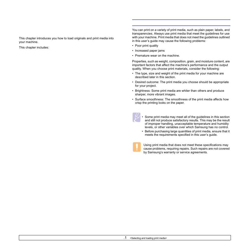 Selecting and loading print media, Selecting print media | Samsung ML-1630W Series User Manual | Page 31 / 100