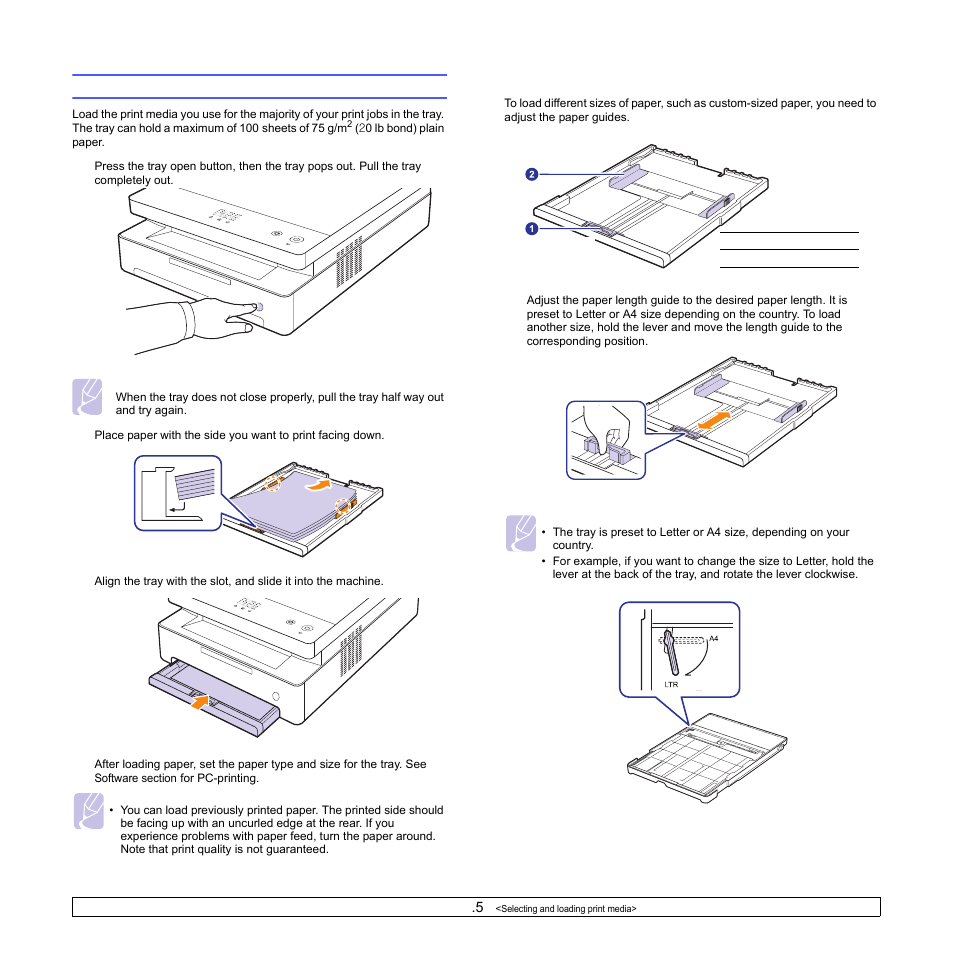 Loading paper in the tray, Changing the paper size in the tray | Samsung ML-1630W Series User Manual | Page 35 / 100