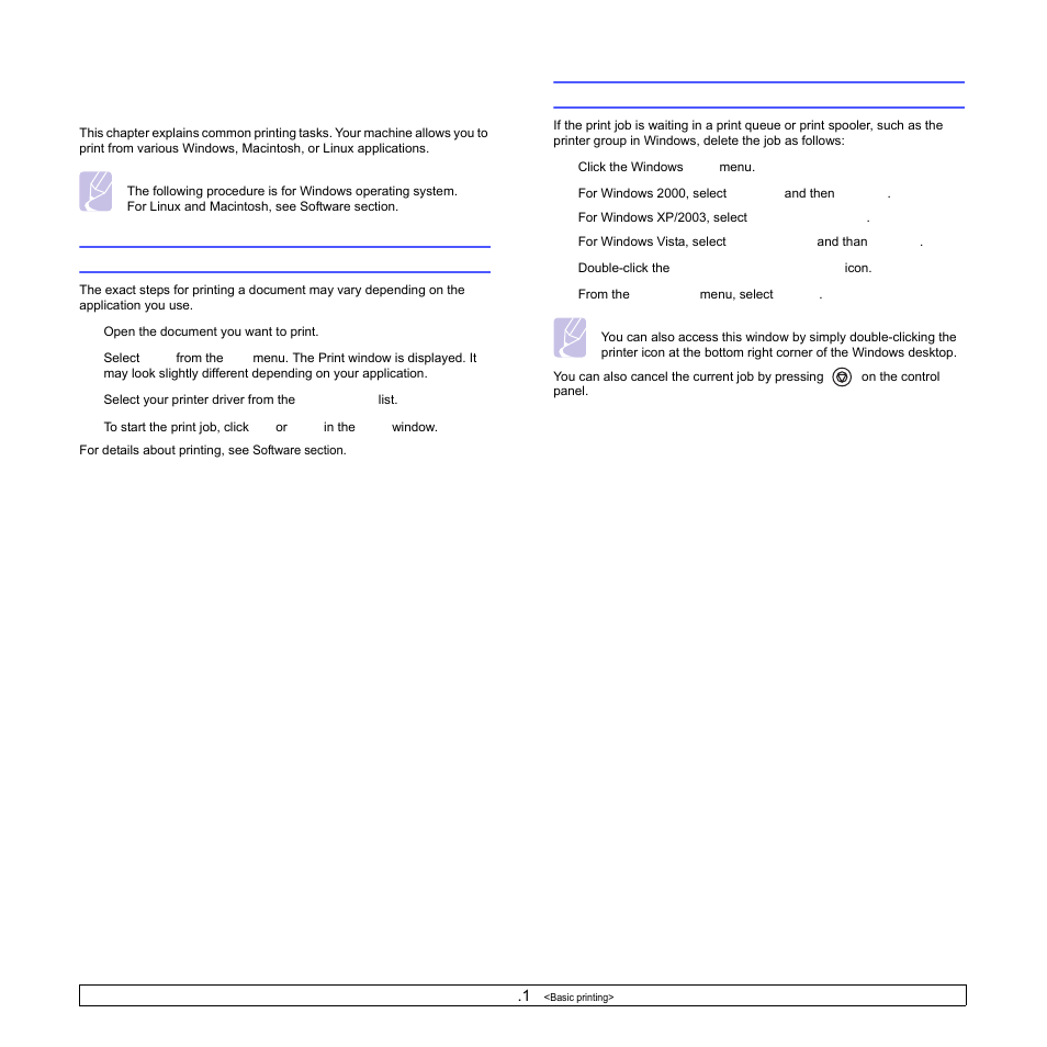 Basic printing, Printing a document, Canceling a print job | Printing a document canceling a print job | Samsung ML-1630W Series User Manual | Page 37 / 100