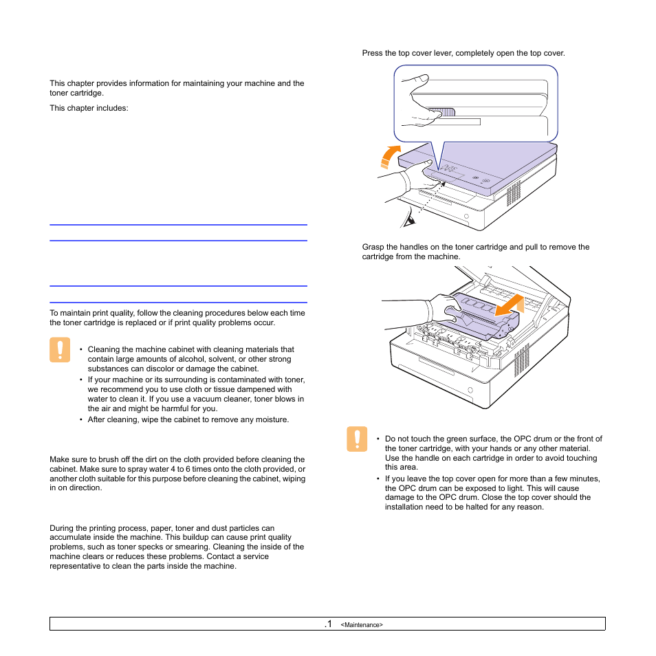 Maintenance, Printing a machine report, Cleaning your machine | Cleaning the outside, Cleaning the inside, Printing a machine report cleaning your machine, Cleaning the outside cleaning the inside | Samsung ML-1630W Series User Manual | Page 38 / 100