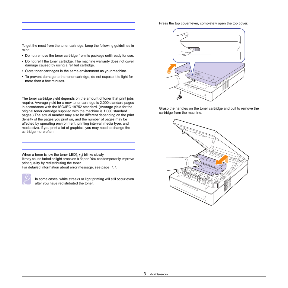 Maintaining the cartridge, Toner cartridge storage, Expected cartridge life | Redistributing toner, Toner cartridge storage expected cartridge life | Samsung ML-1630W Series User Manual | Page 40 / 100