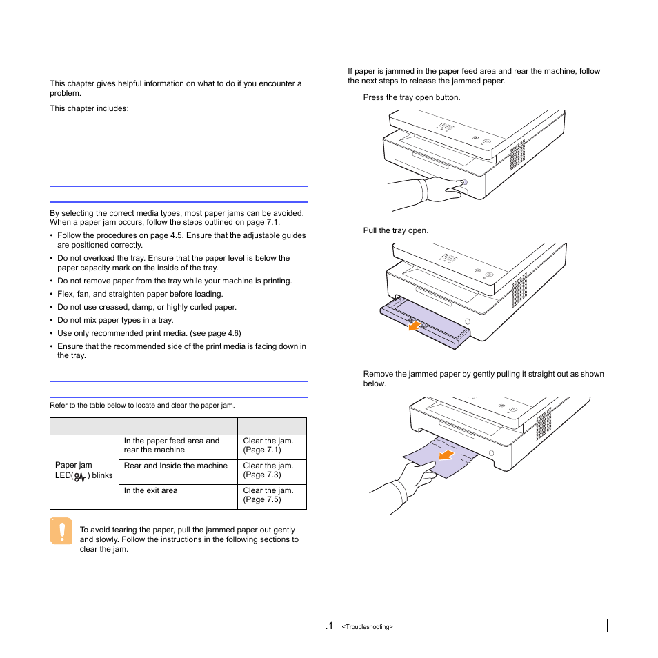 Troubleshooting, Tips for avoiding paper jams, Clearing paper jams | In the paper feed area and rear the machine, Tips for avoiding paper jams clearing paper jams | Samsung ML-1630W Series User Manual | Page 45 / 100