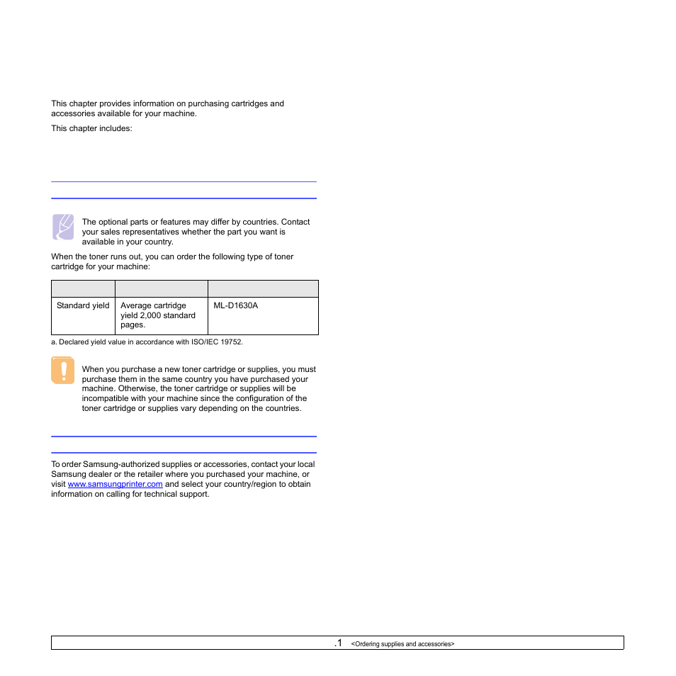 Ordering supplies and accessories, Supplies, How to purchase | Supplies how to purchase | Samsung ML-1630W Series User Manual | Page 58 / 100