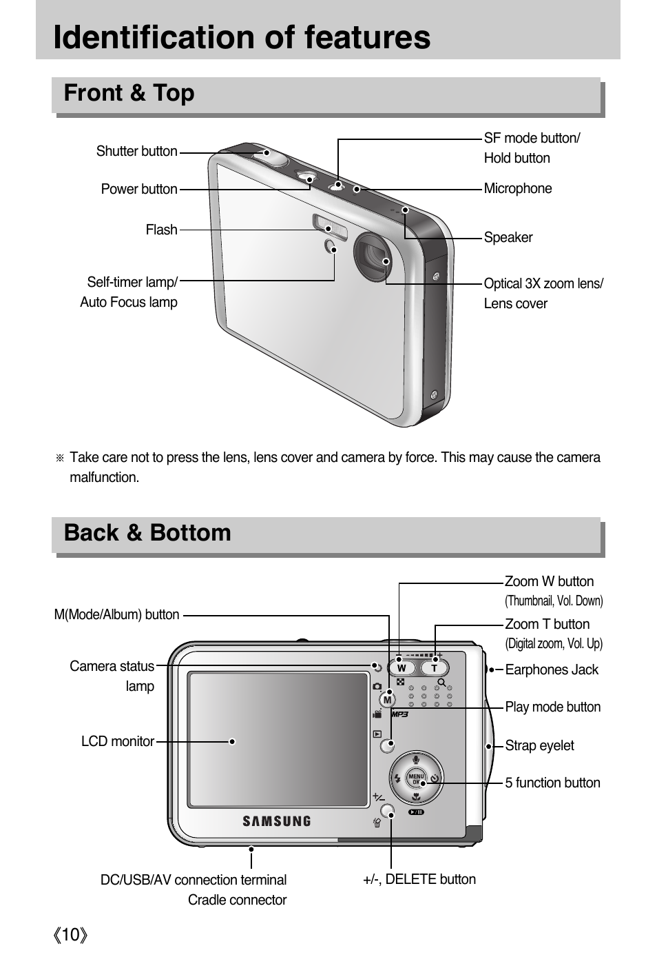 Identification of features, Front & top back & bottom | Samsung DIGIMAX i50 User Manual | Page 10 / 156