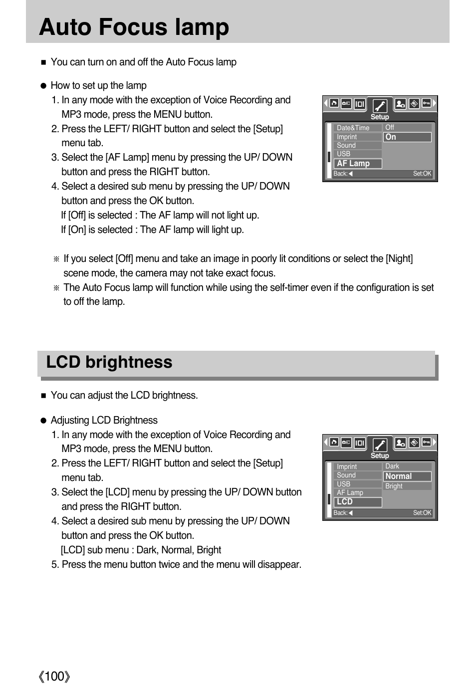Auto focus lamp, Lcd brightness | Samsung DIGIMAX i50 User Manual | Page 100 / 156