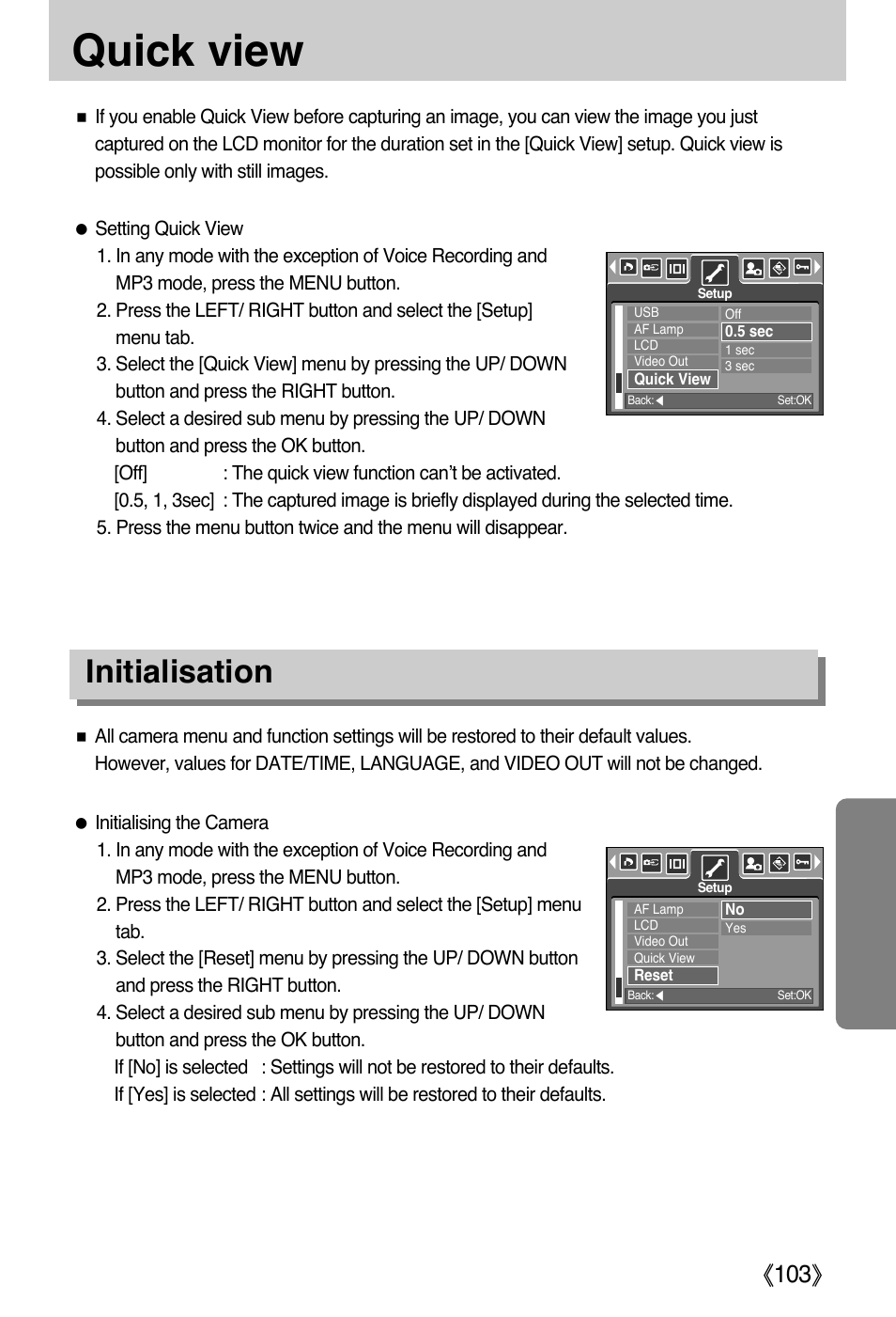 Quick view, Initialisation | Samsung DIGIMAX i50 User Manual | Page 103 / 156