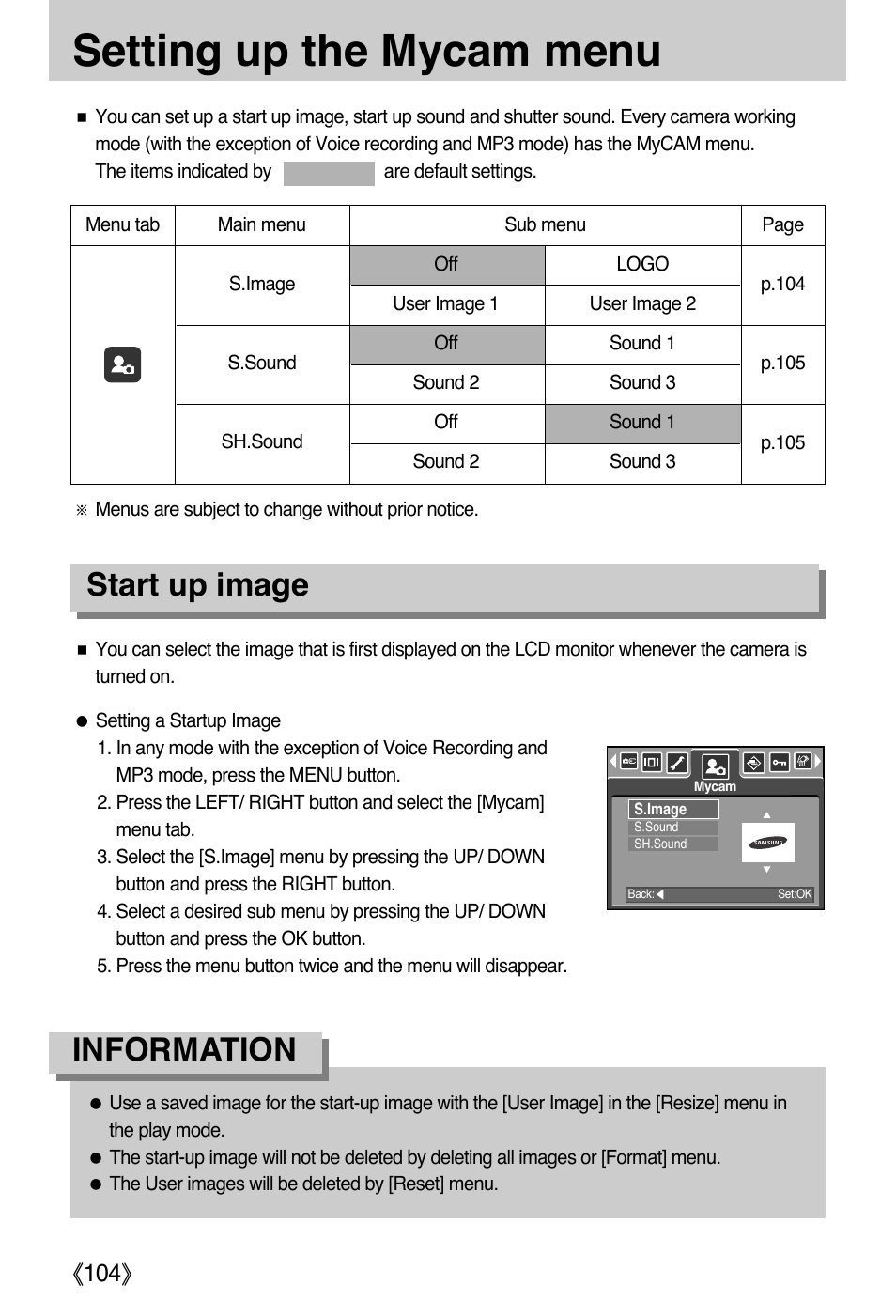 Setting up the mycam menu, Start up image, Information | Samsung DIGIMAX i50 User Manual | Page 104 / 156