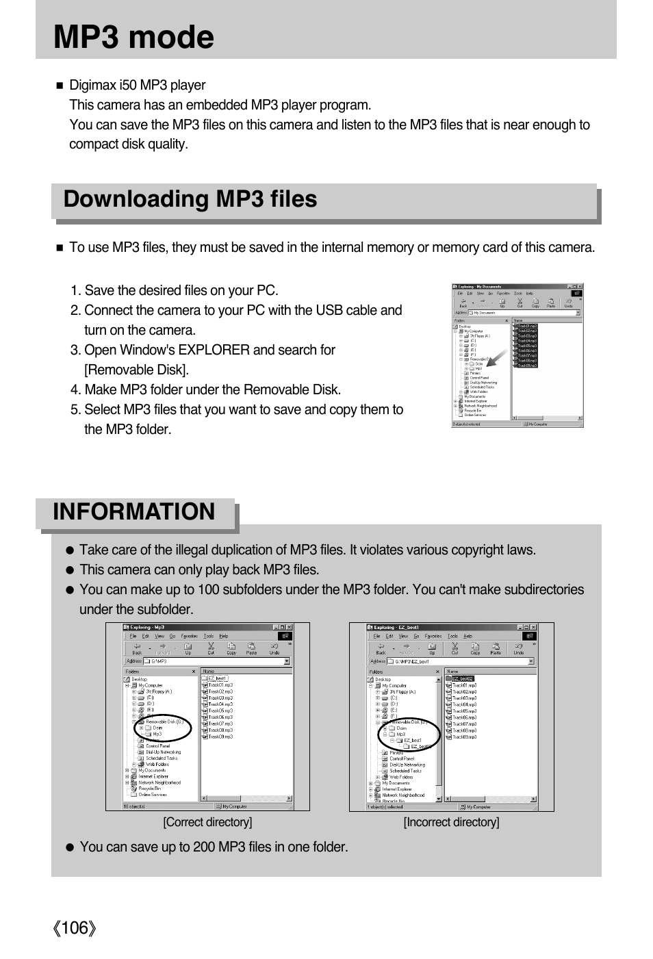 Mp3 mode, Downloading mp3 files, Information | Samsung DIGIMAX i50 User Manual | Page 106 / 156