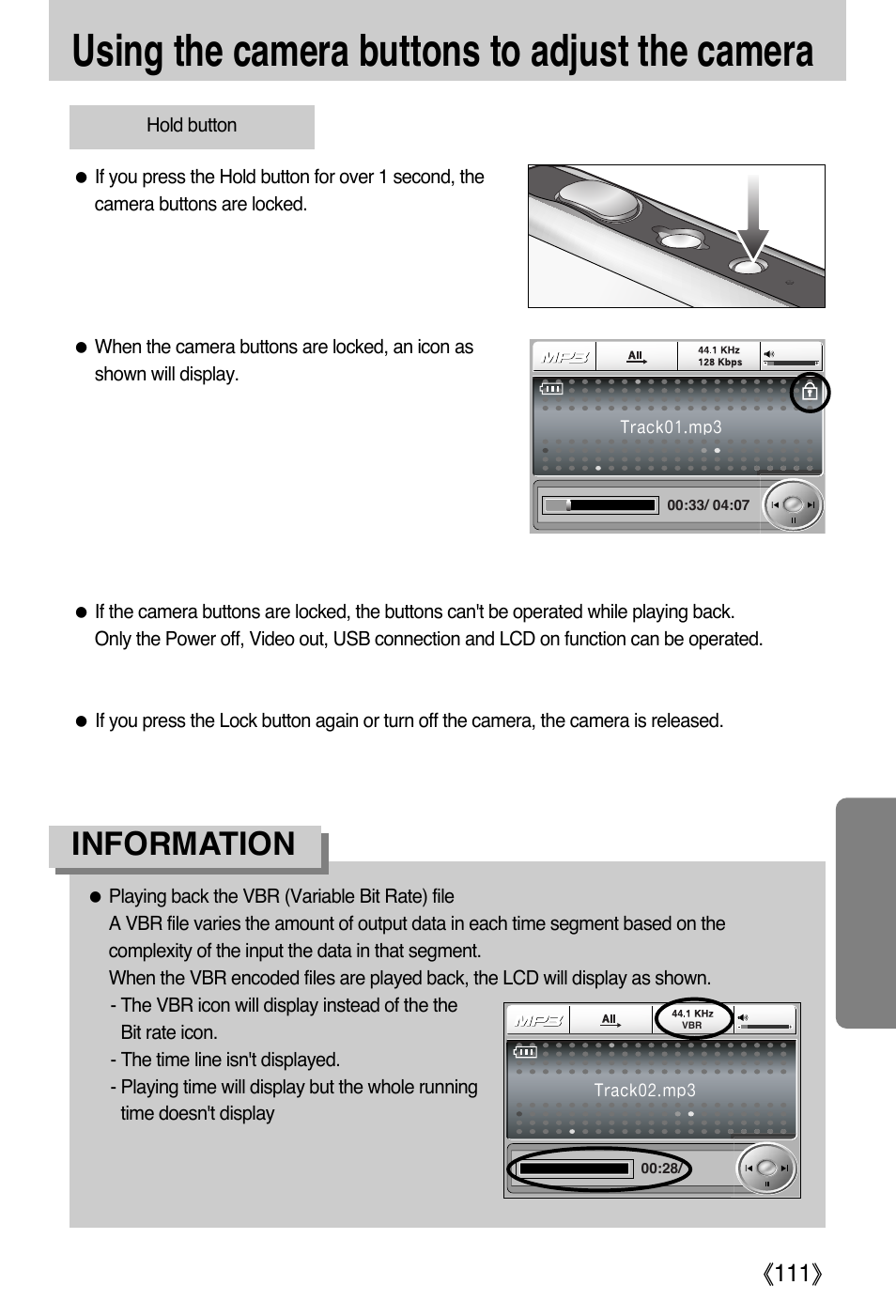 Using the camera buttons to adjust the camera, Information | Samsung DIGIMAX i50 User Manual | Page 111 / 156