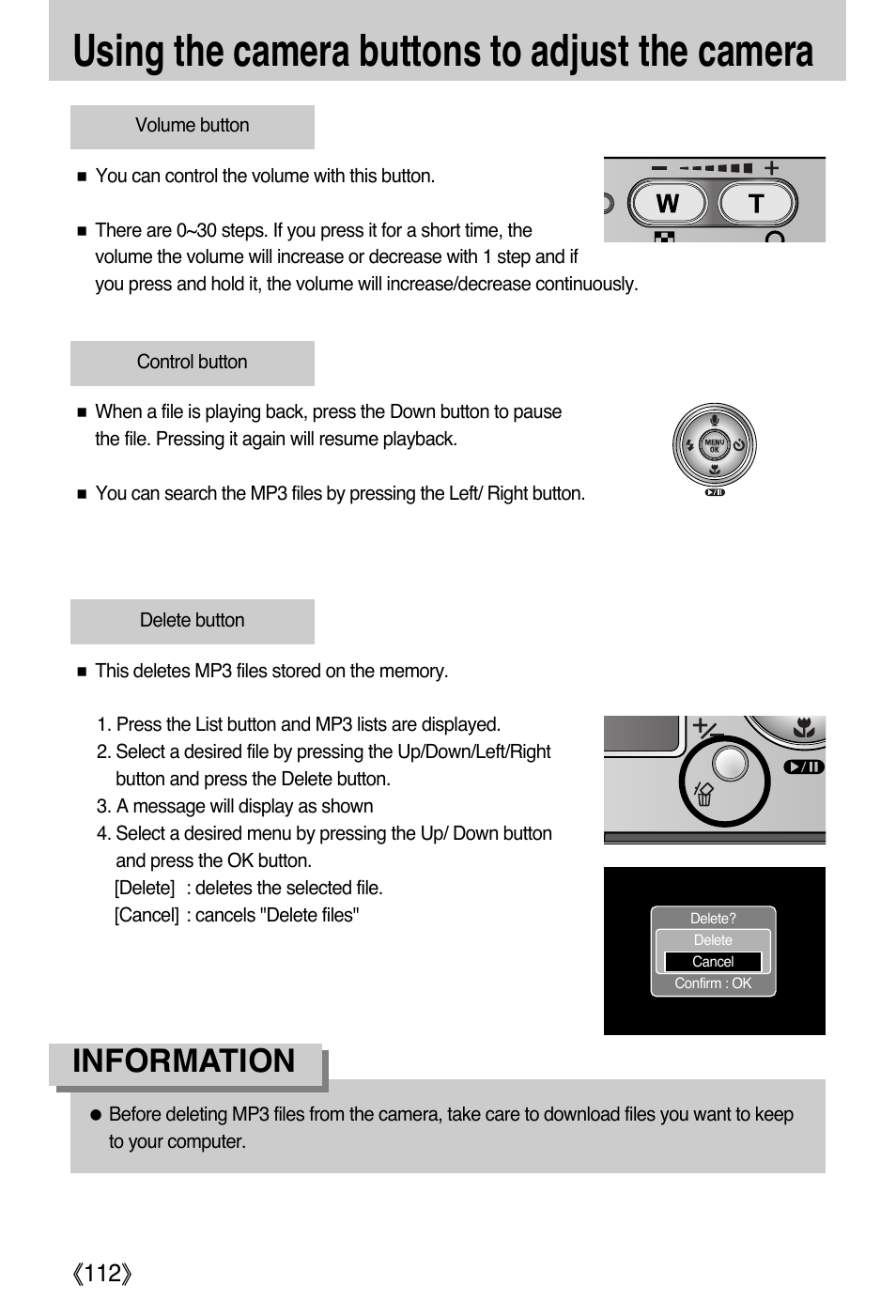 Using the camera buttons to adjust the camera, Information | Samsung DIGIMAX i50 User Manual | Page 112 / 156