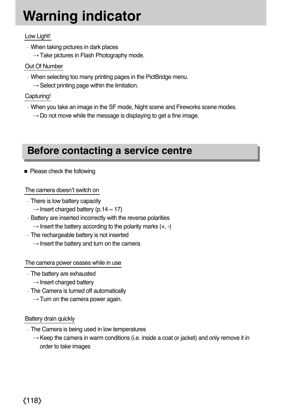 Warning indicator, Before contacting a service centre | Samsung DIGIMAX i50 User Manual | Page 118 / 156