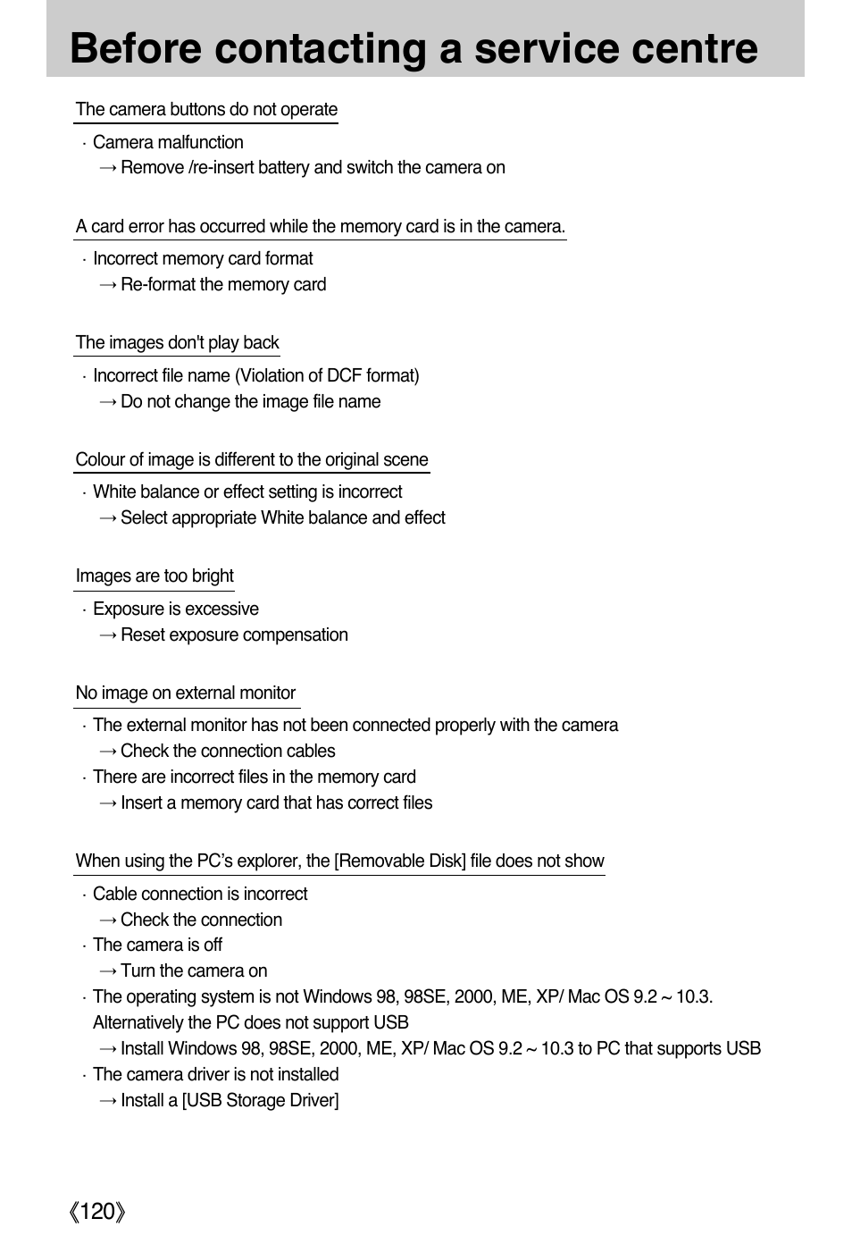 Before contacting a service centre | Samsung DIGIMAX i50 User Manual | Page 120 / 156