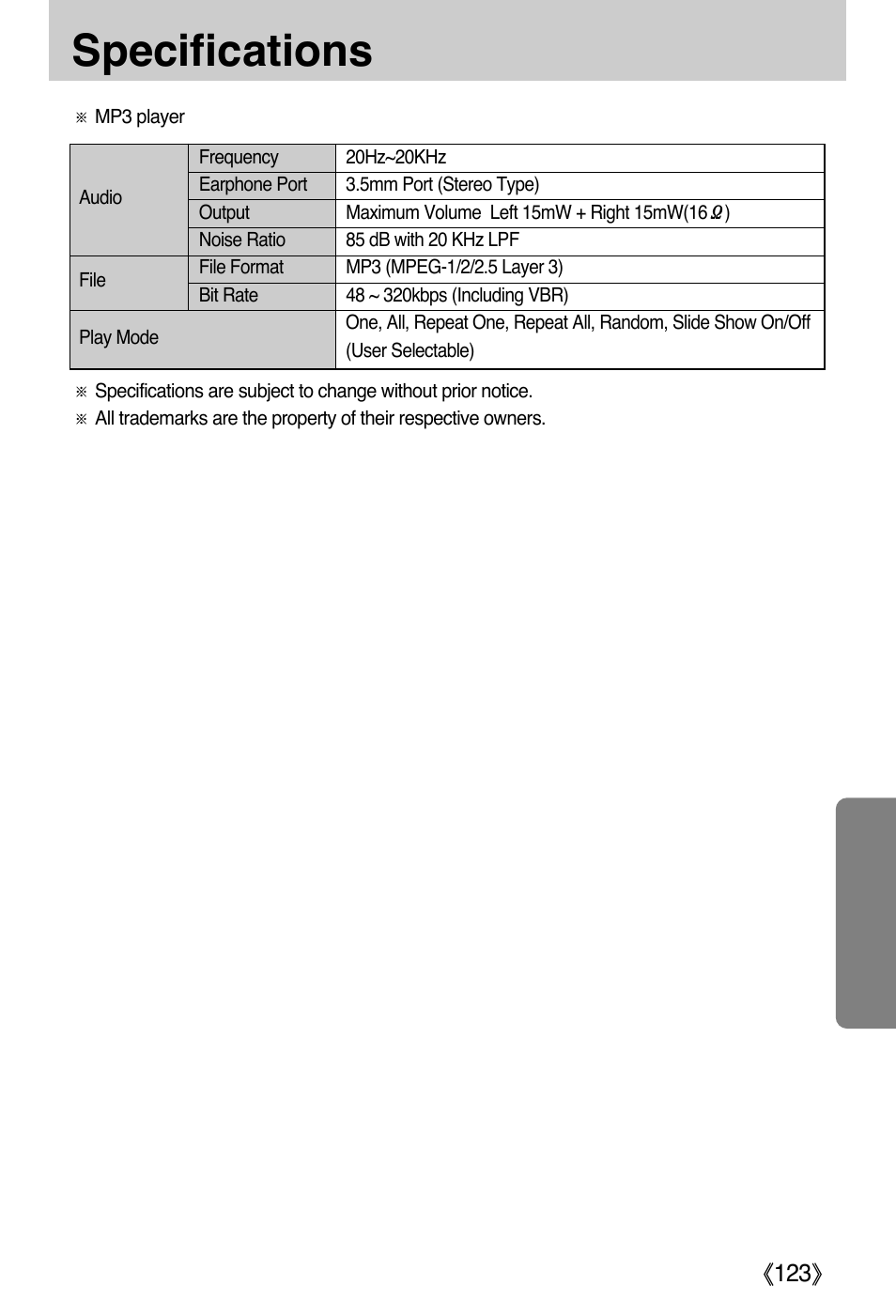 Specifications | Samsung DIGIMAX i50 User Manual | Page 123 / 156