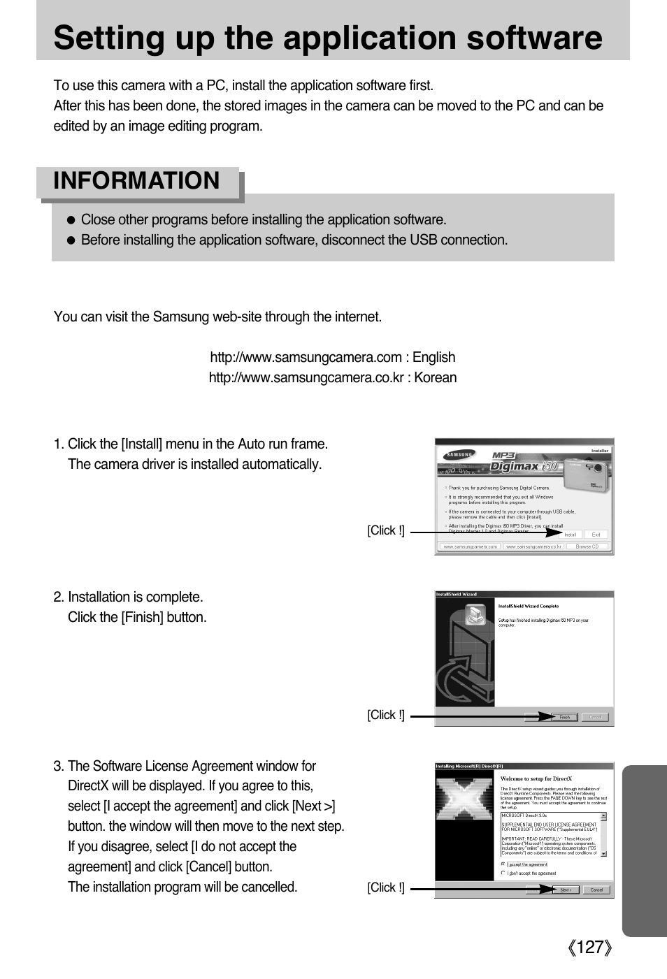 Setting up the application software, Information | Samsung DIGIMAX i50 User Manual | Page 127 / 156