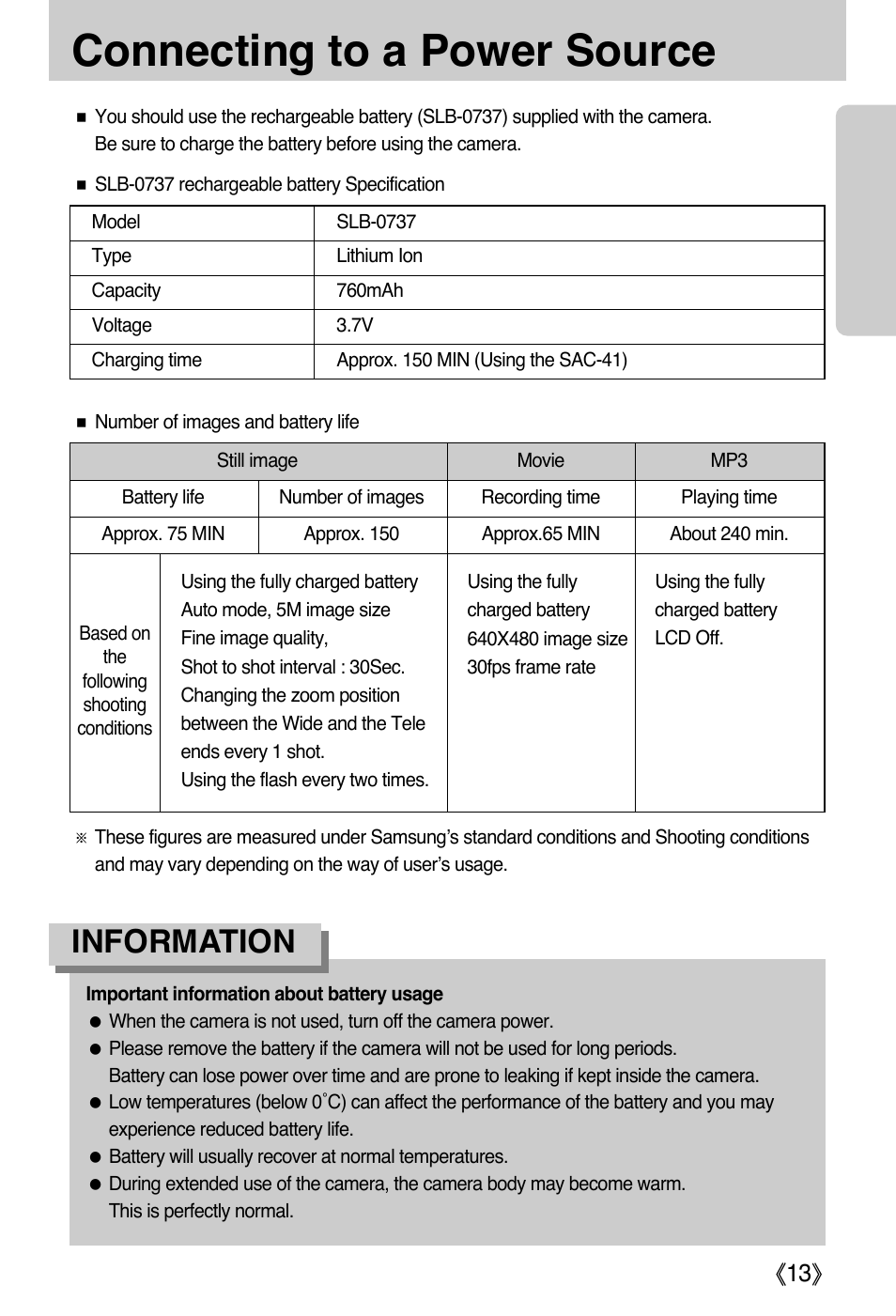 Connecting to a power source, Information | Samsung DIGIMAX i50 User Manual | Page 13 / 156