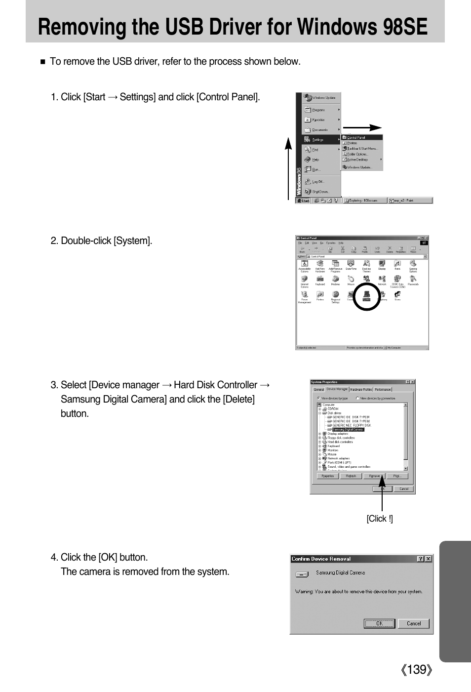 Removing the usb driver for windows 98se | Samsung DIGIMAX i50 User Manual | Page 139 / 156